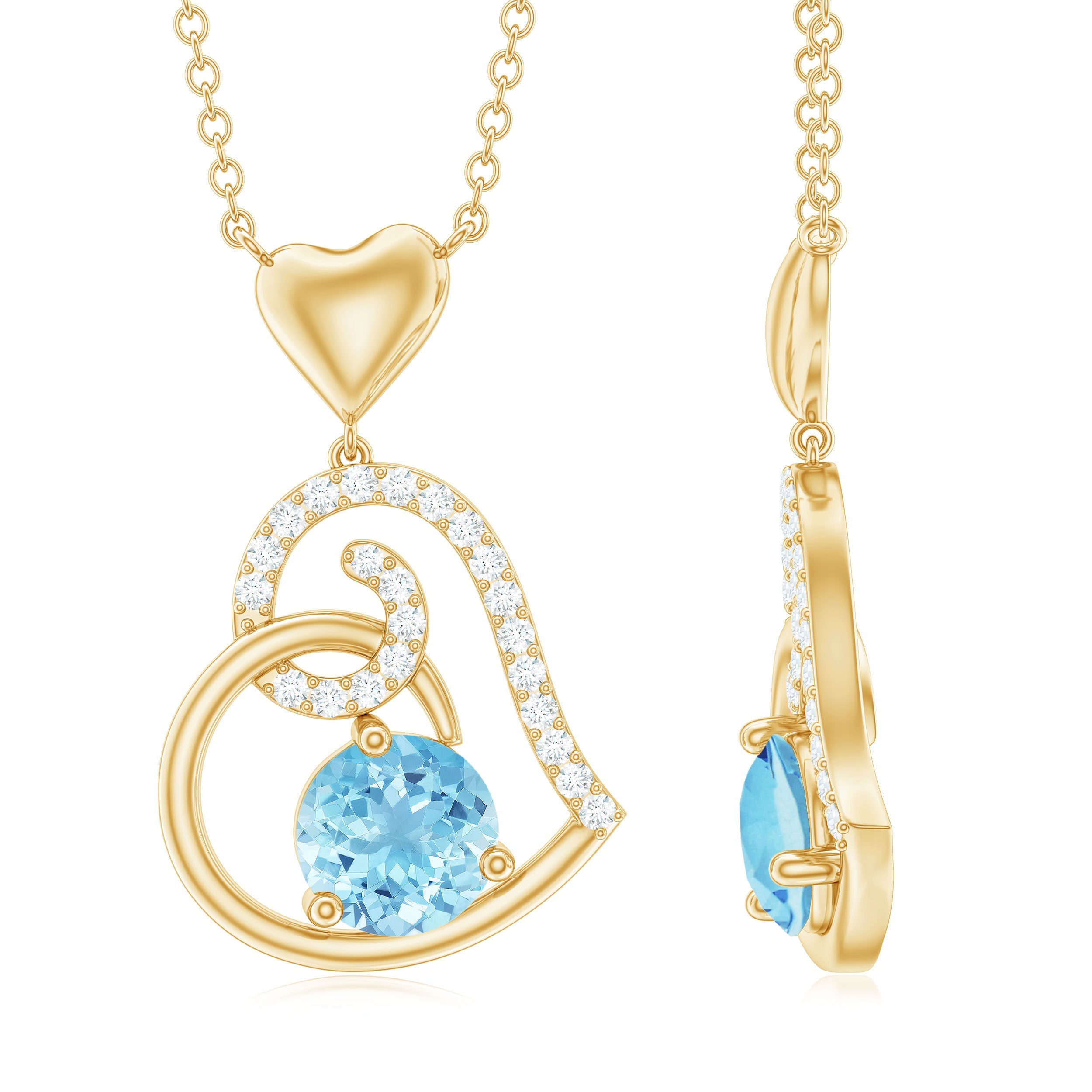 Aquamarine Heart Pendant – Solid Gold Solitaire with Diamond Prong Setting