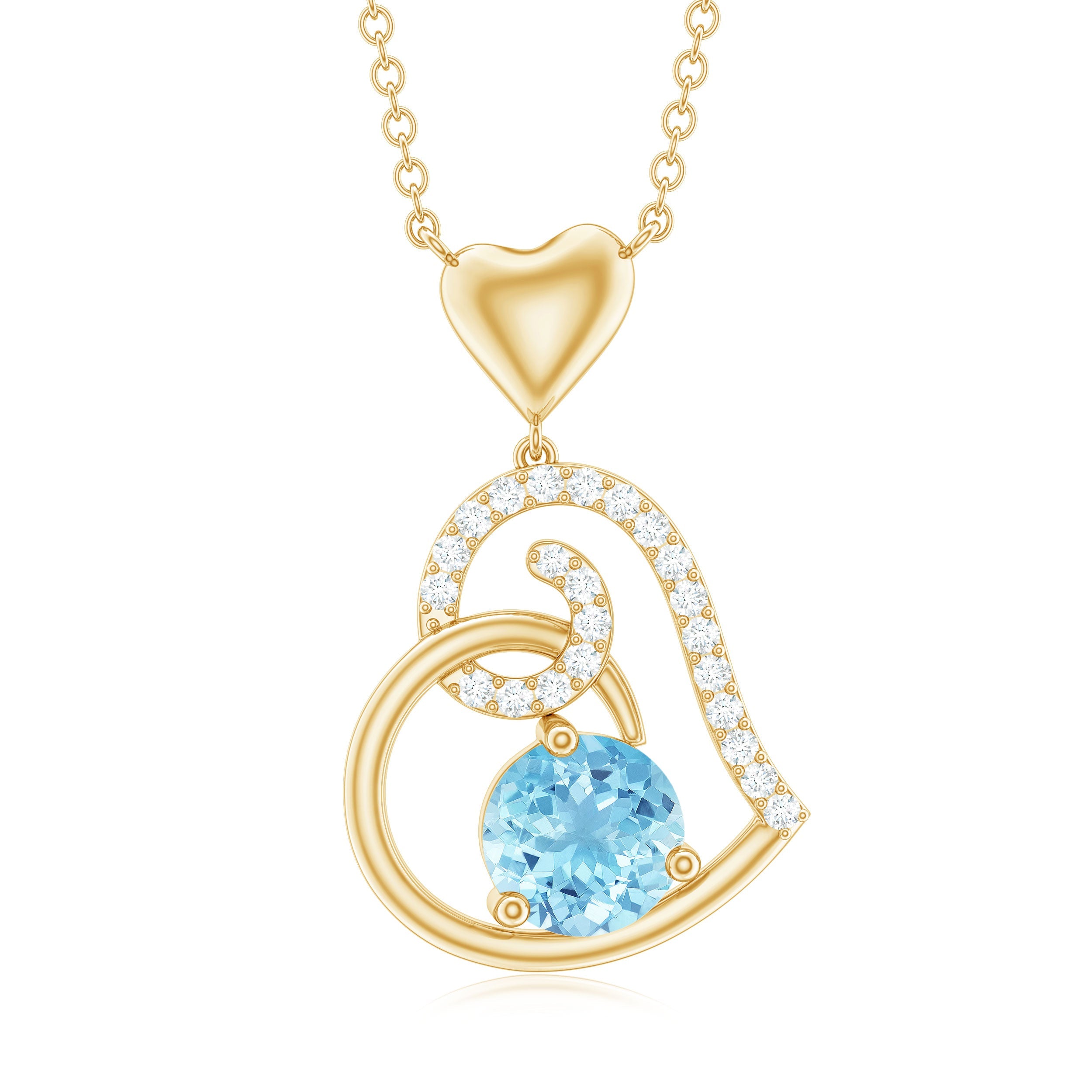 Aquamarine Heart Pendant – Solid Gold Solitaire with Diamond Prong Setting