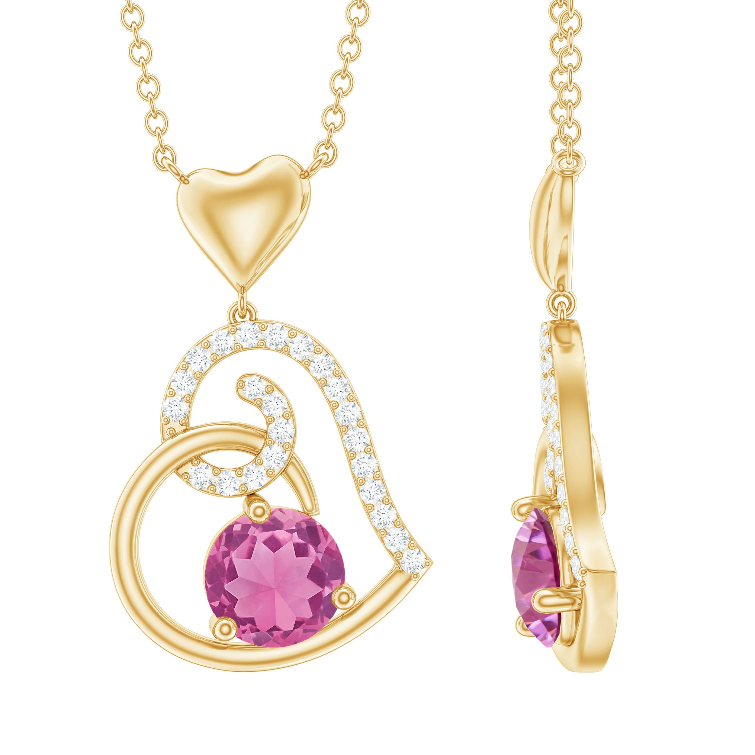Pink Tourmaline Pendant – 1.2 Carat AAA Quality Heart Necklace With Sparkling Diamond Accents