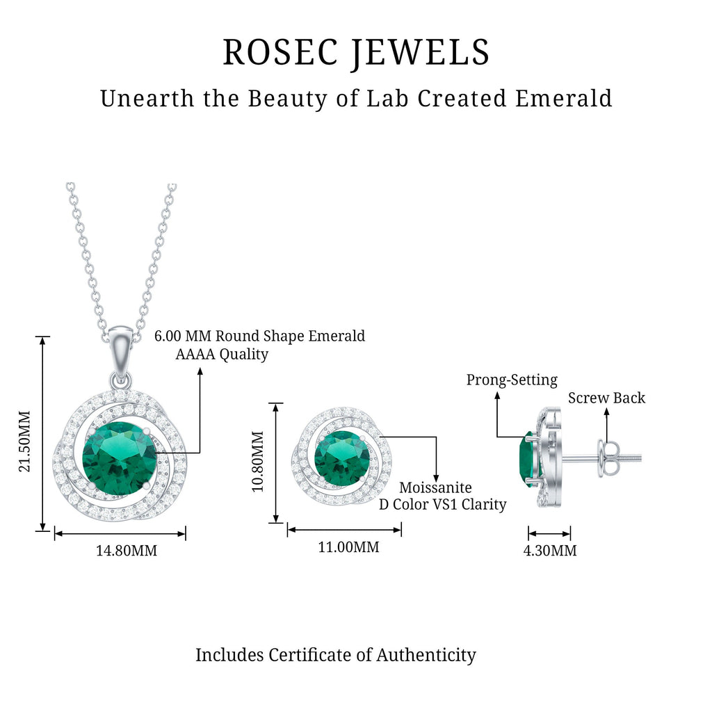 Emerald Necklace Set – Lab Created Emerald & Moissanite Swirl Pendant Earrings