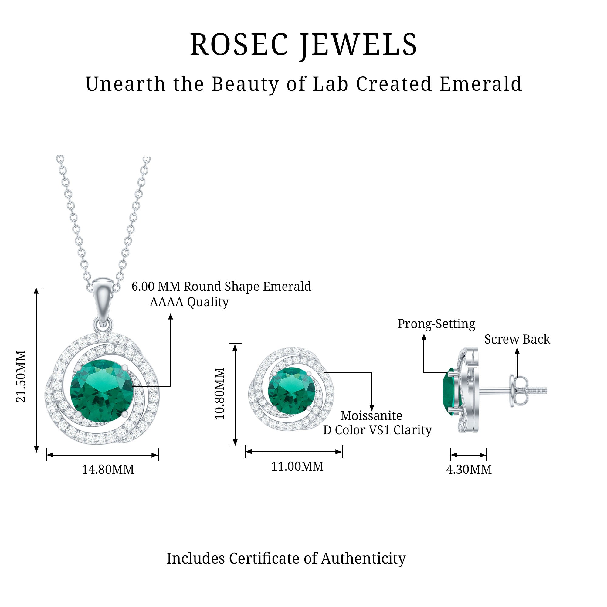 Emerald Necklace Set – Lab Created Emerald & Moissanite Swirl Pendant Earrings