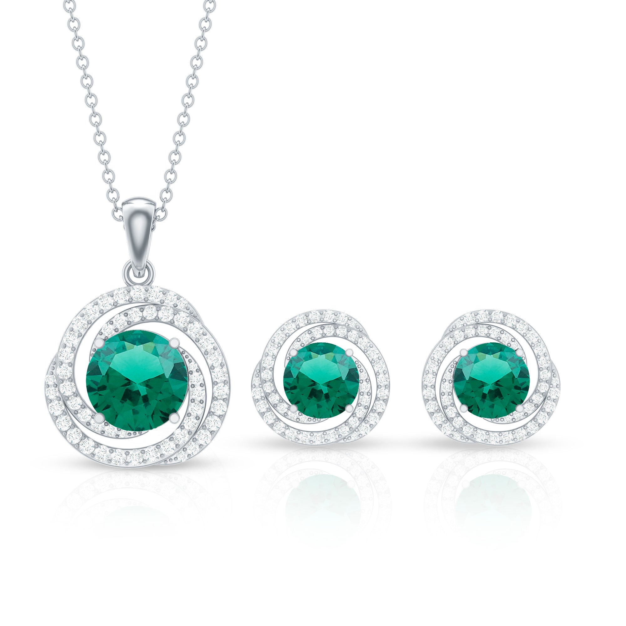 Emerald Necklace Set – Lab Created Emerald & Moissanite Swirl Pendant Earrings