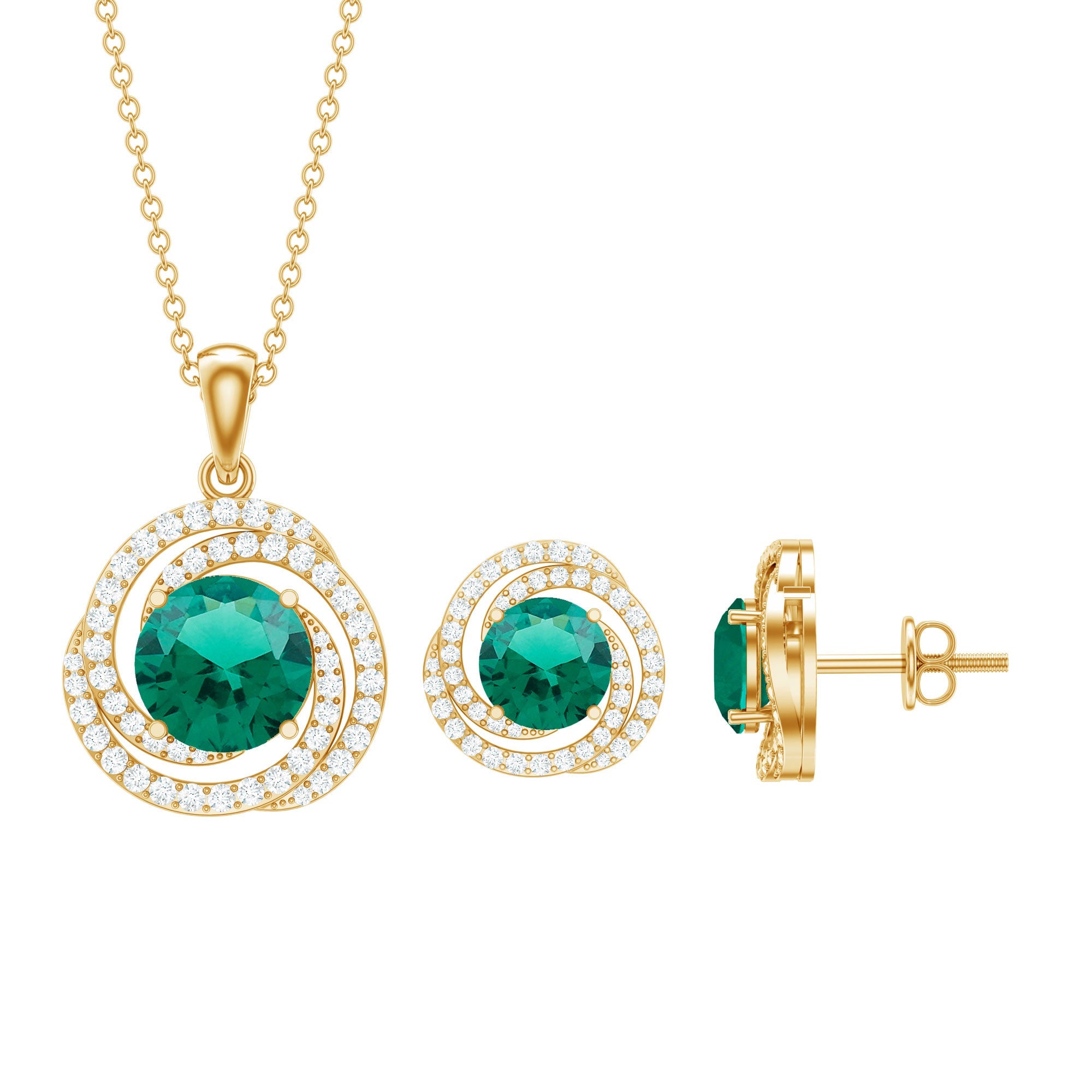 Emerald Necklace Set – Lab Created Emerald Jewelry Swirl Pendant & Moissanite Earrings