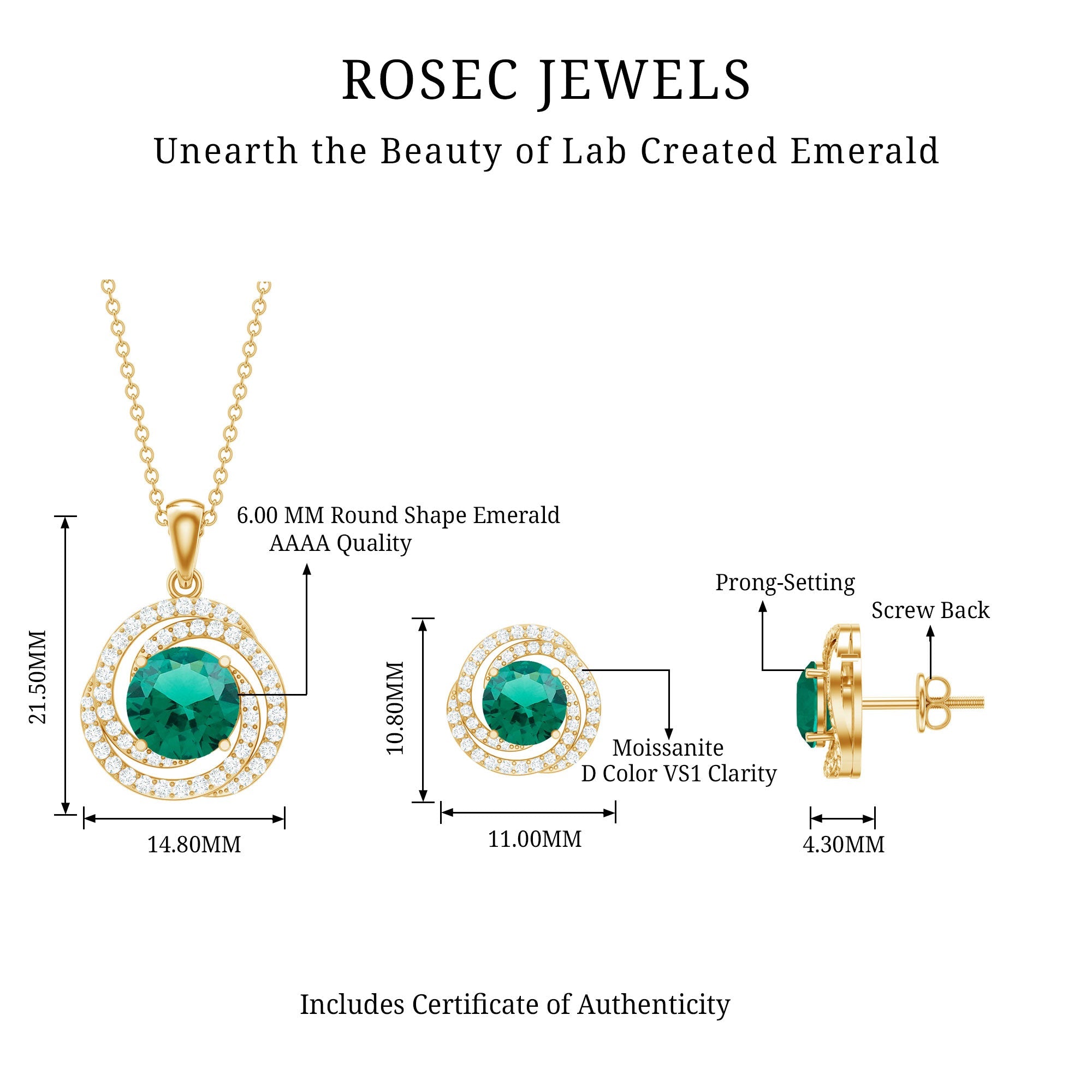 Emerald Necklace Set – Lab Created Emerald & Moissanite Swirl Pendant Earrings