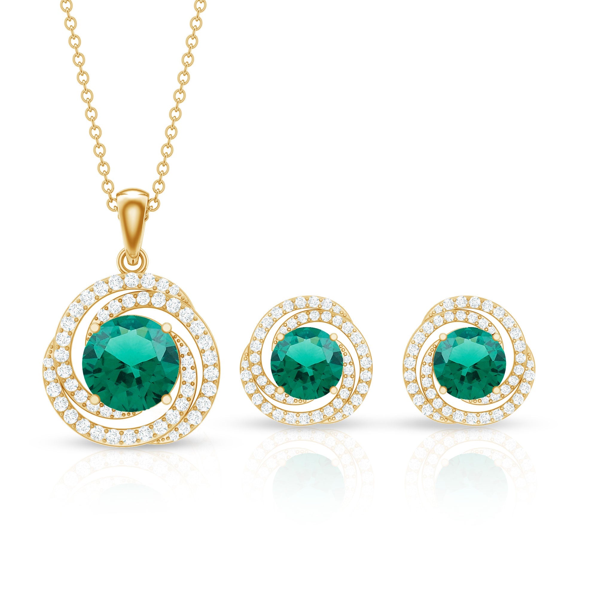 Emerald Necklace Set – Lab Created Emerald & Moissanite Swirl Pendant Earrings