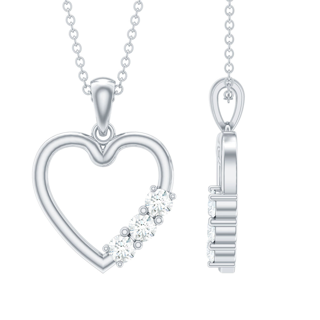Moissanite Heart Necklace - Open Heart Pendant With Three Stone Prong Setting