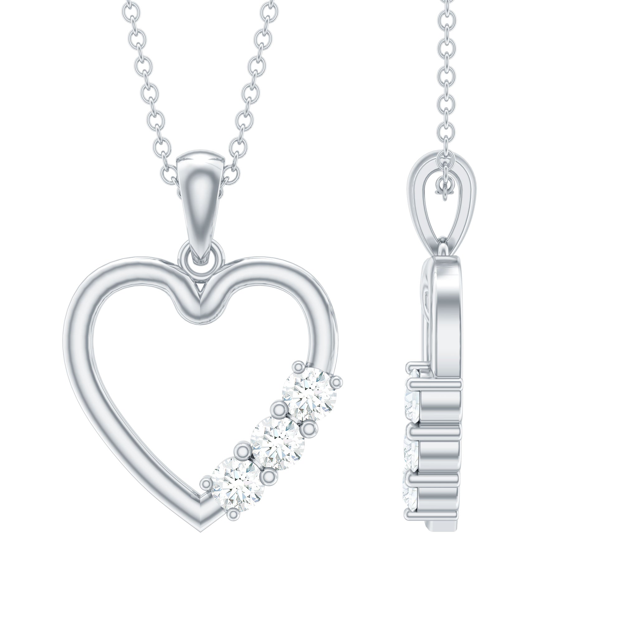 Moissanite Heart Necklace - Open Heart Pendant With Three Stone Prong Setting
