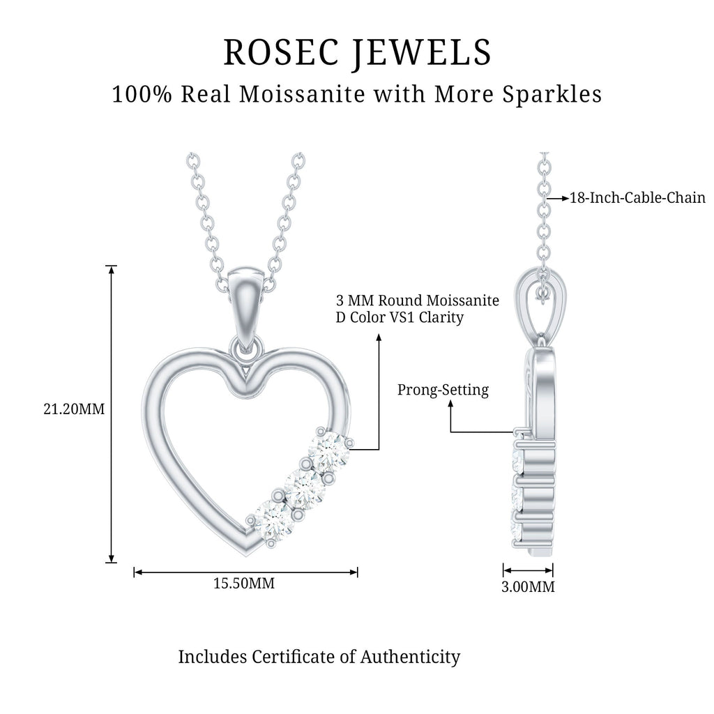 Moissanite Heart Necklace - Open Heart Pendant With Three Stone Prong Setting