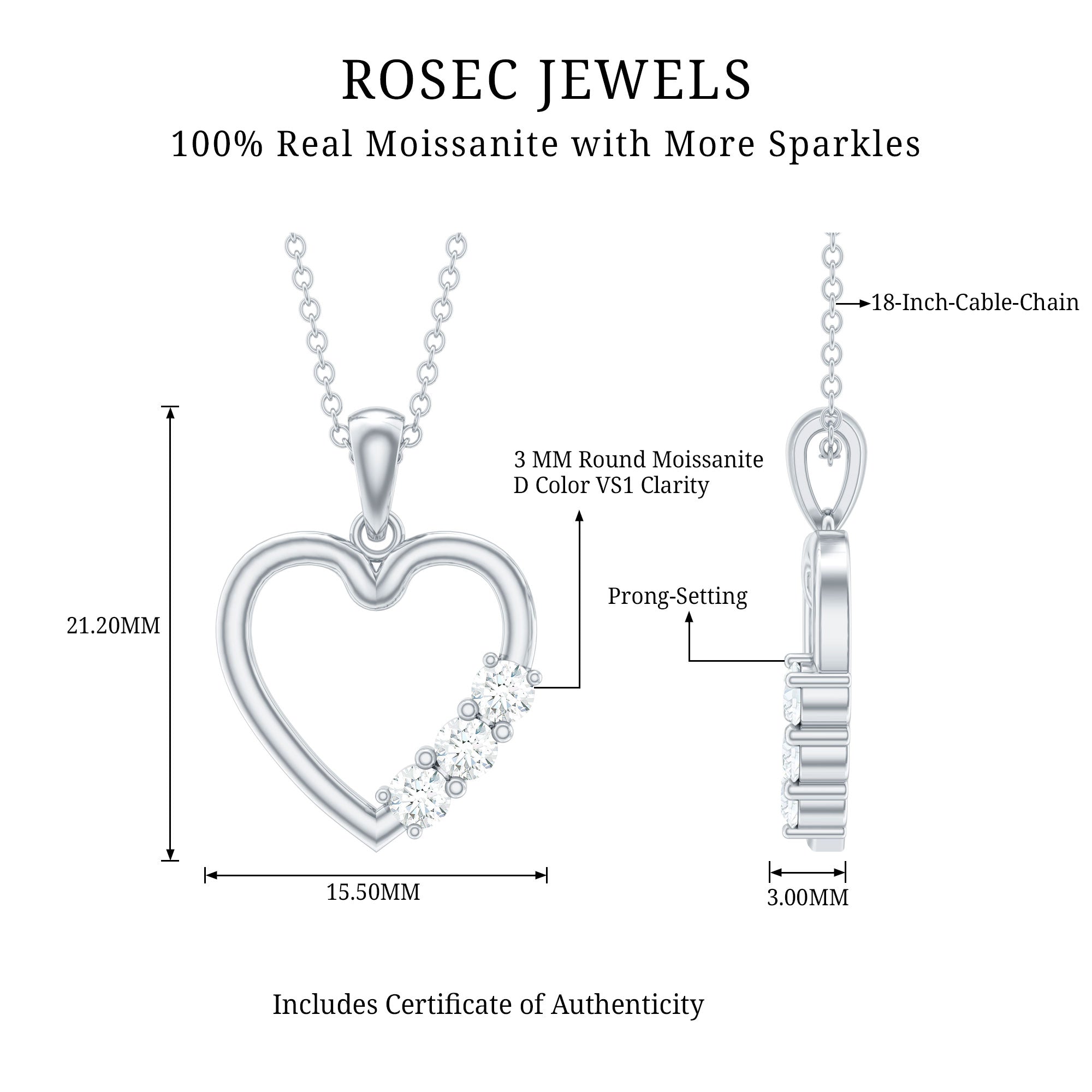 Moissanite Heart Necklace - Open Heart Pendant With Three Stone Prong Setting