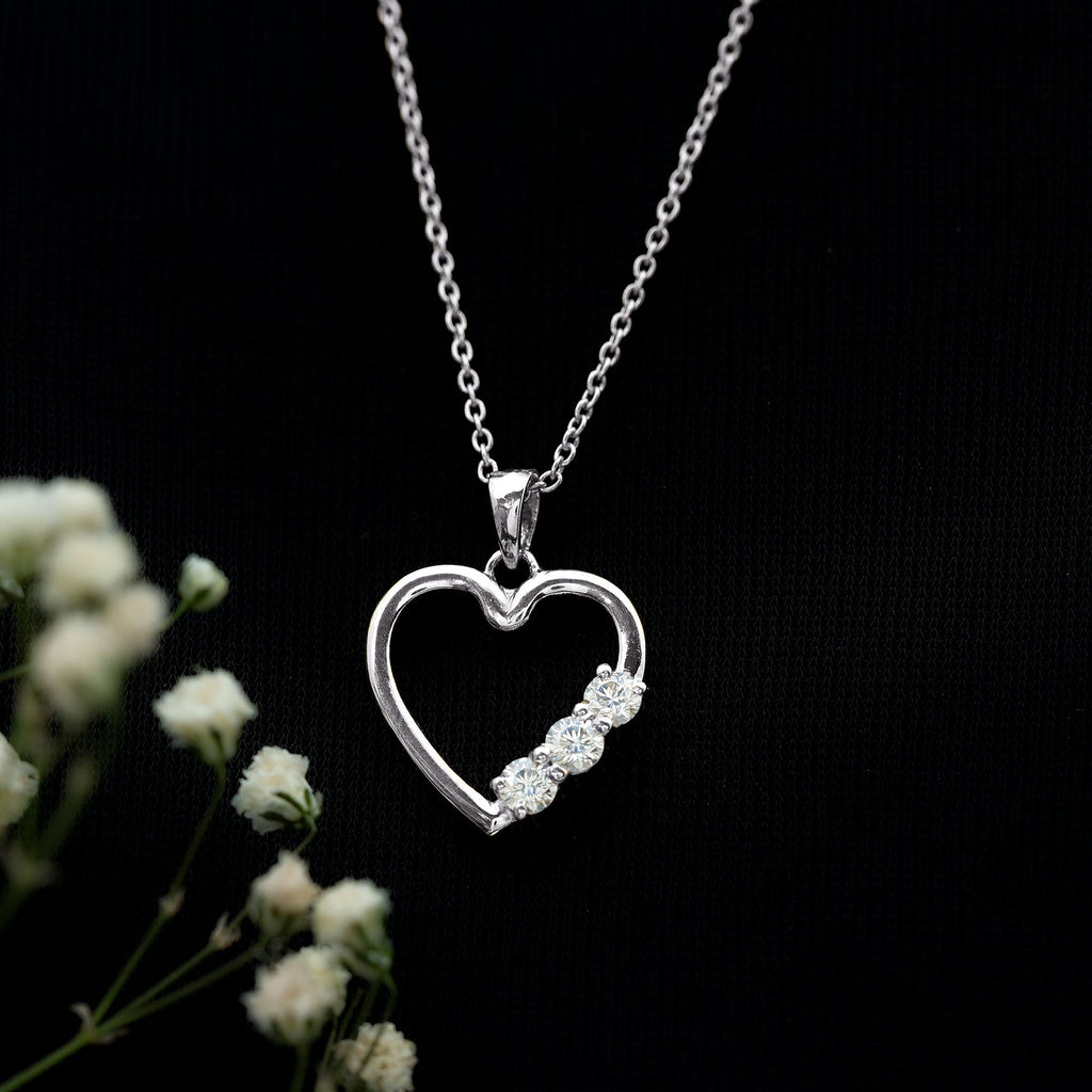 Moissanite Heart Necklace - Open Heart Pendant With Three Stone Prong Setting