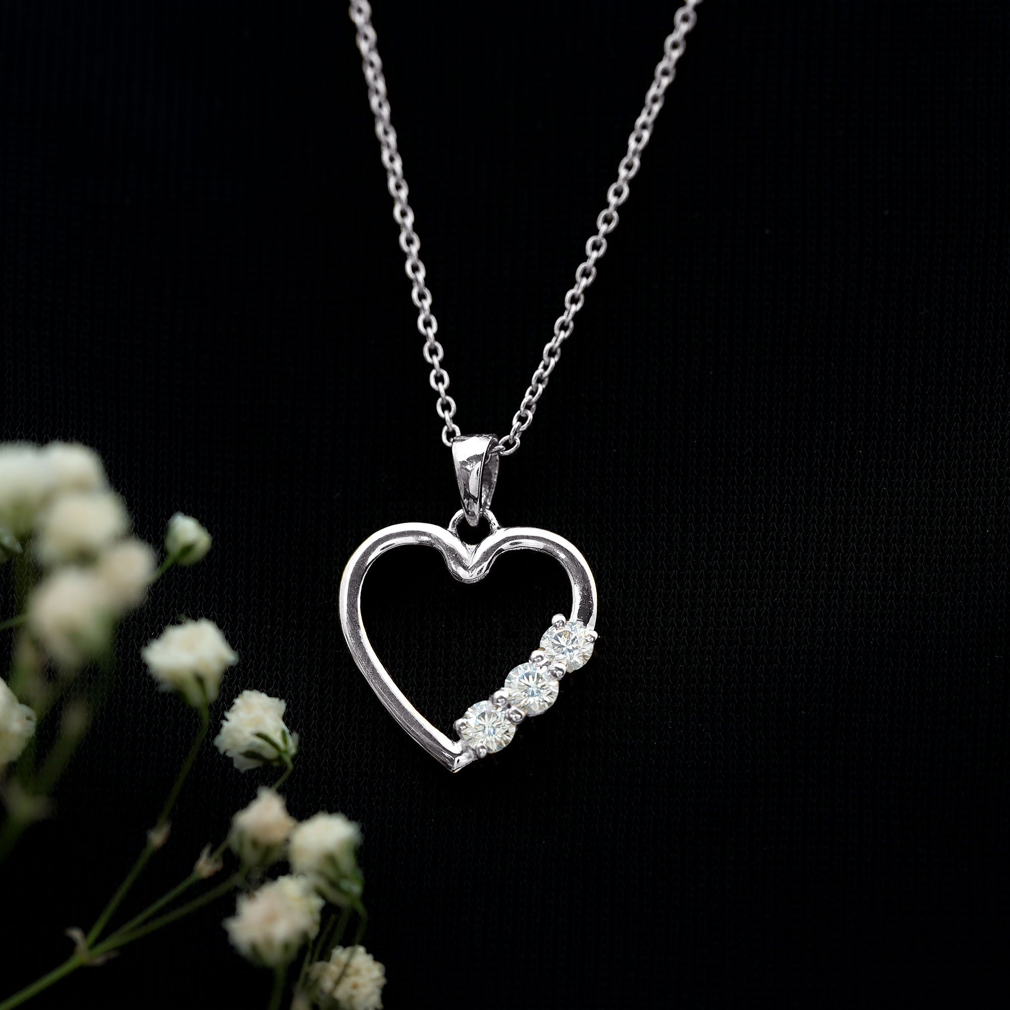 Moissanite Heart Necklace - Open Heart Pendant With Three Stone Prong Setting