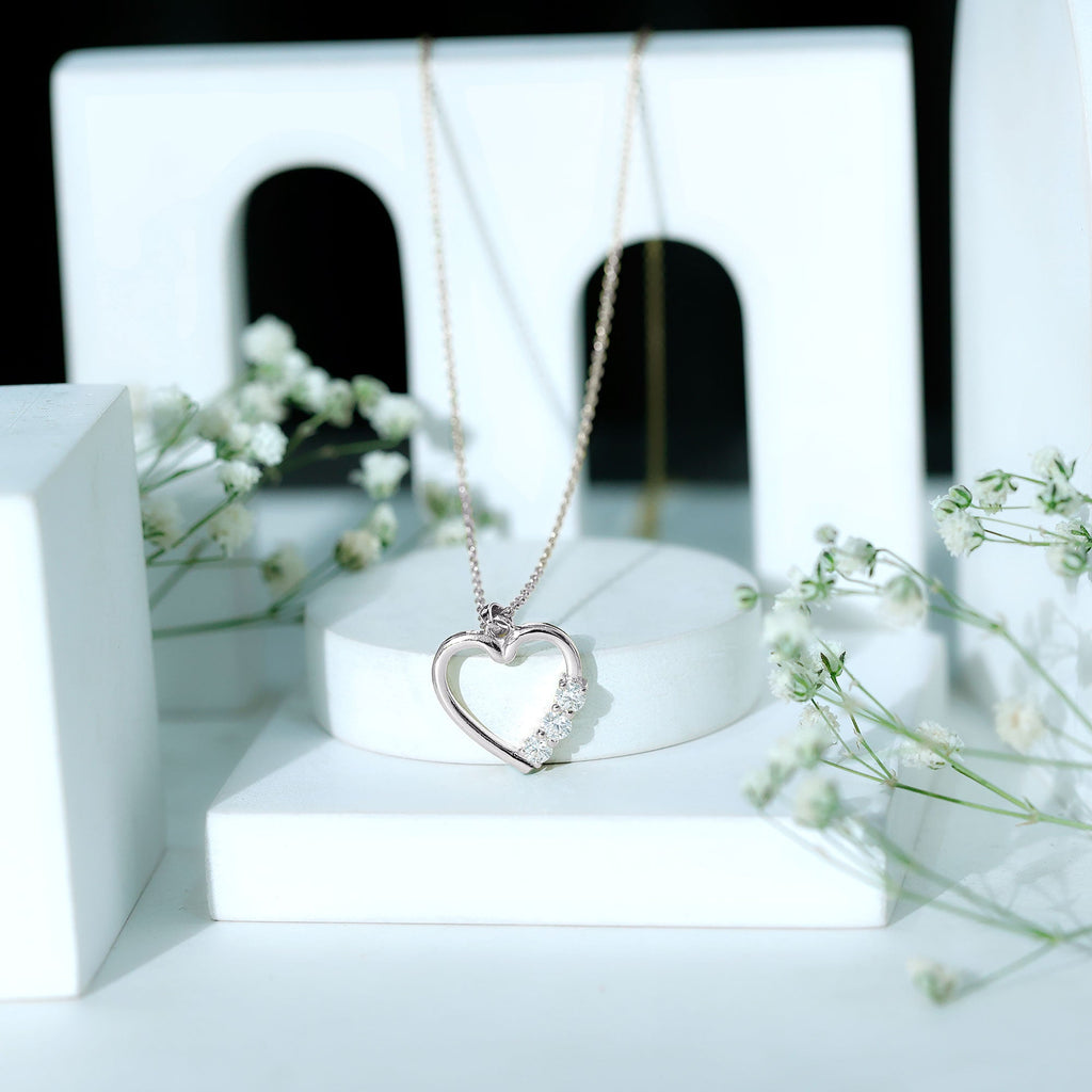 Moissanite Heart Necklace - Open Heart Pendant With Three Stone Prong Setting