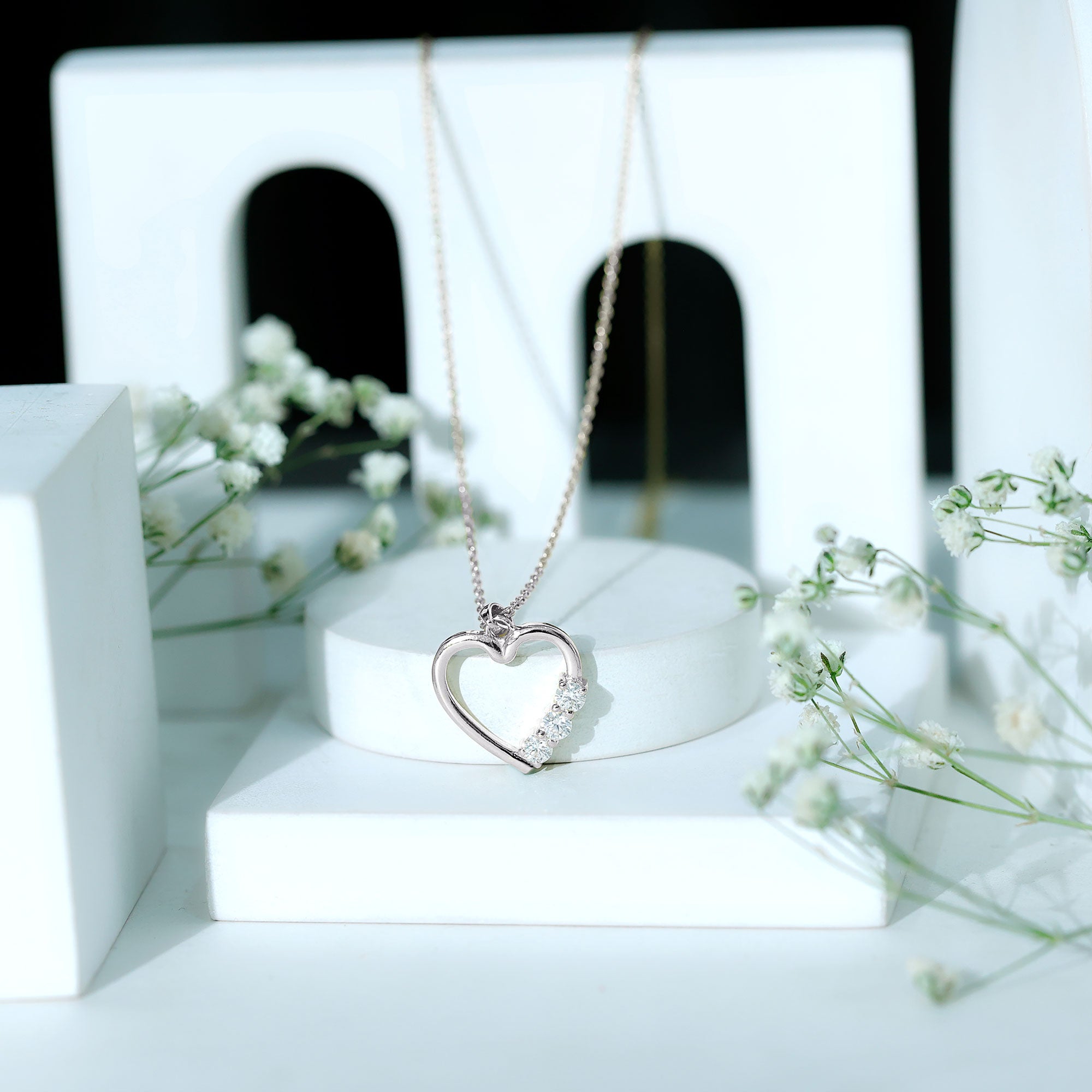 Moissanite Heart Necklace - Open Heart Pendant With Three Stone Prong Setting