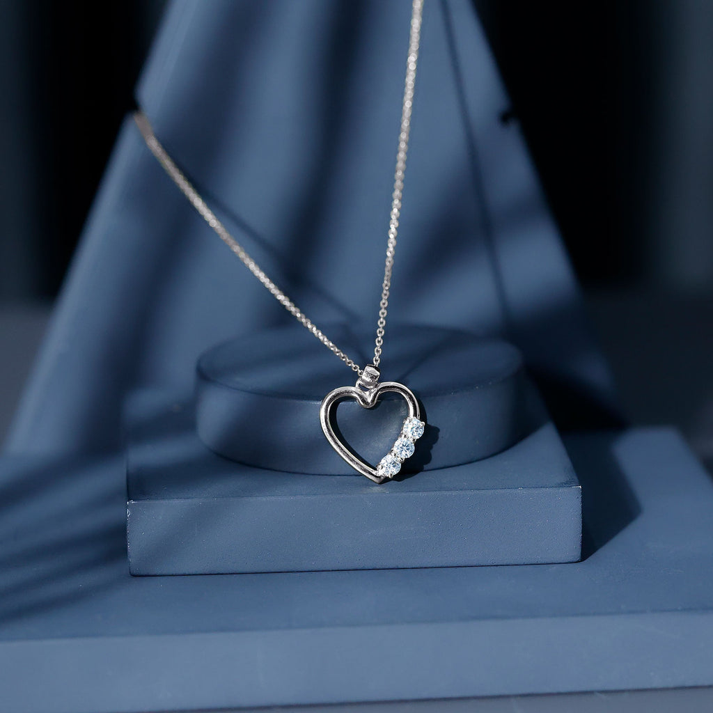 Moissanite Heart Necklace - Open Heart Pendant With Three Stone Prong Setting