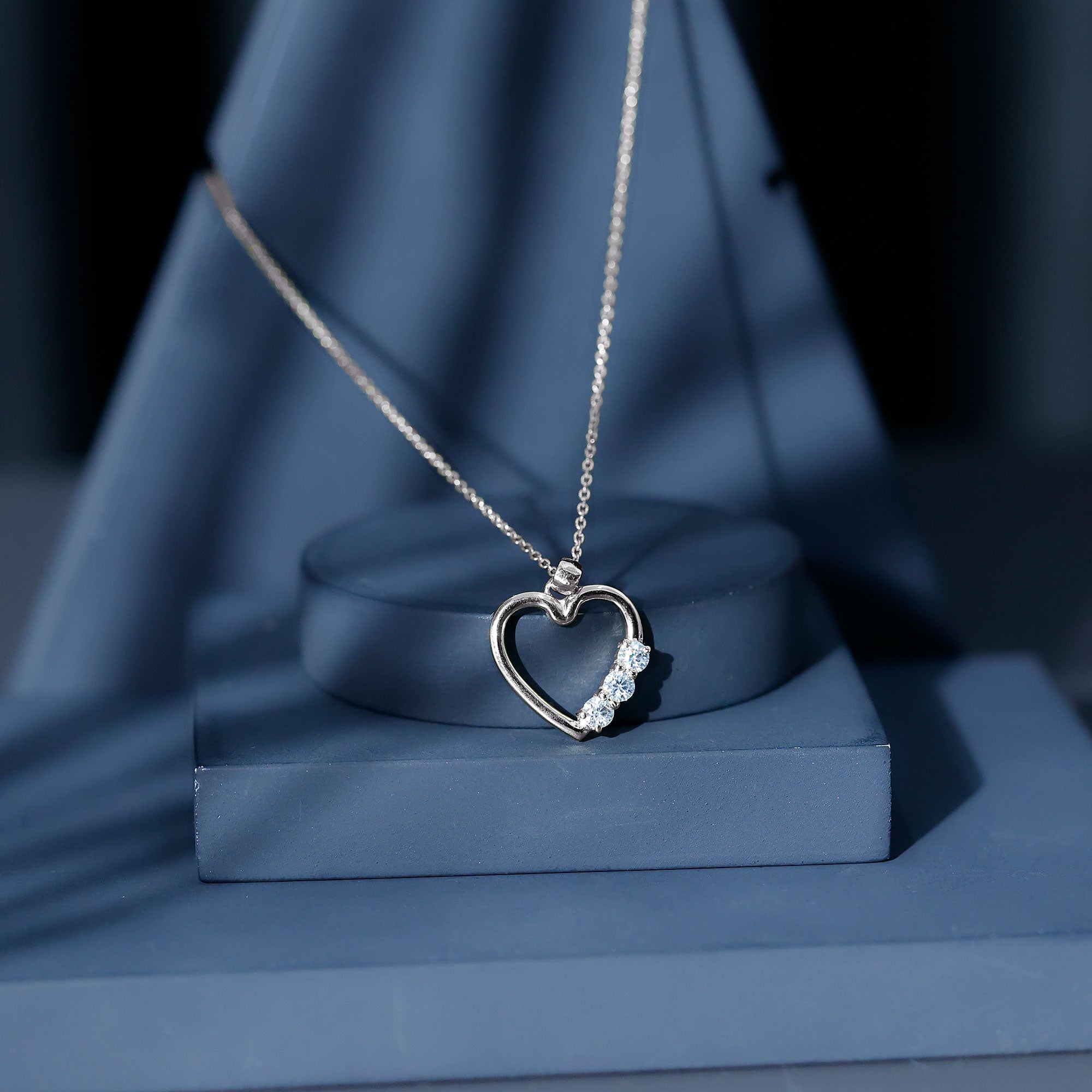 Moissanite Heart Necklace - Open Heart Pendant With Three Stone Prong Setting