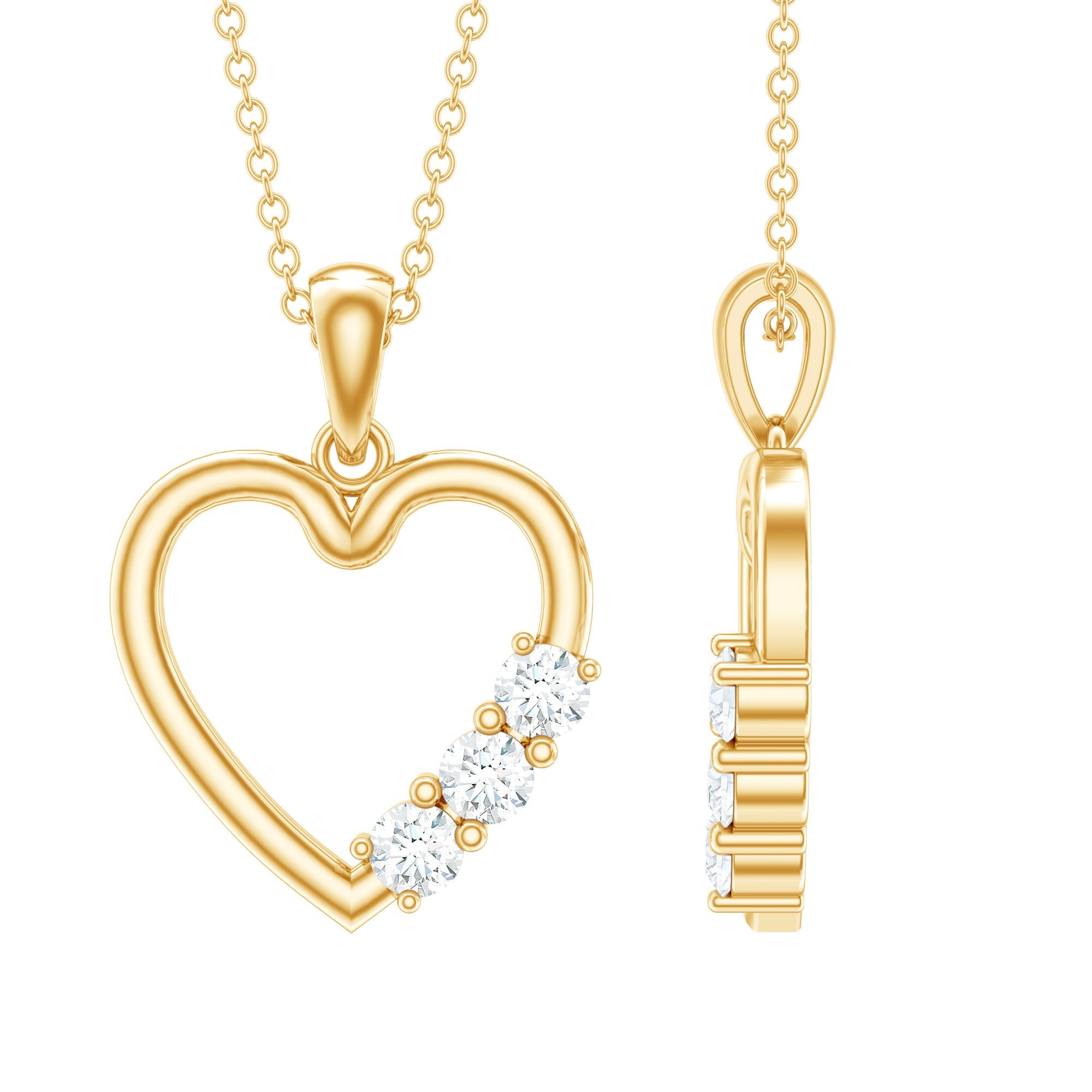 Moissanite Heart Necklace - Open Heart Pendant With Three Stone Prong Setting
