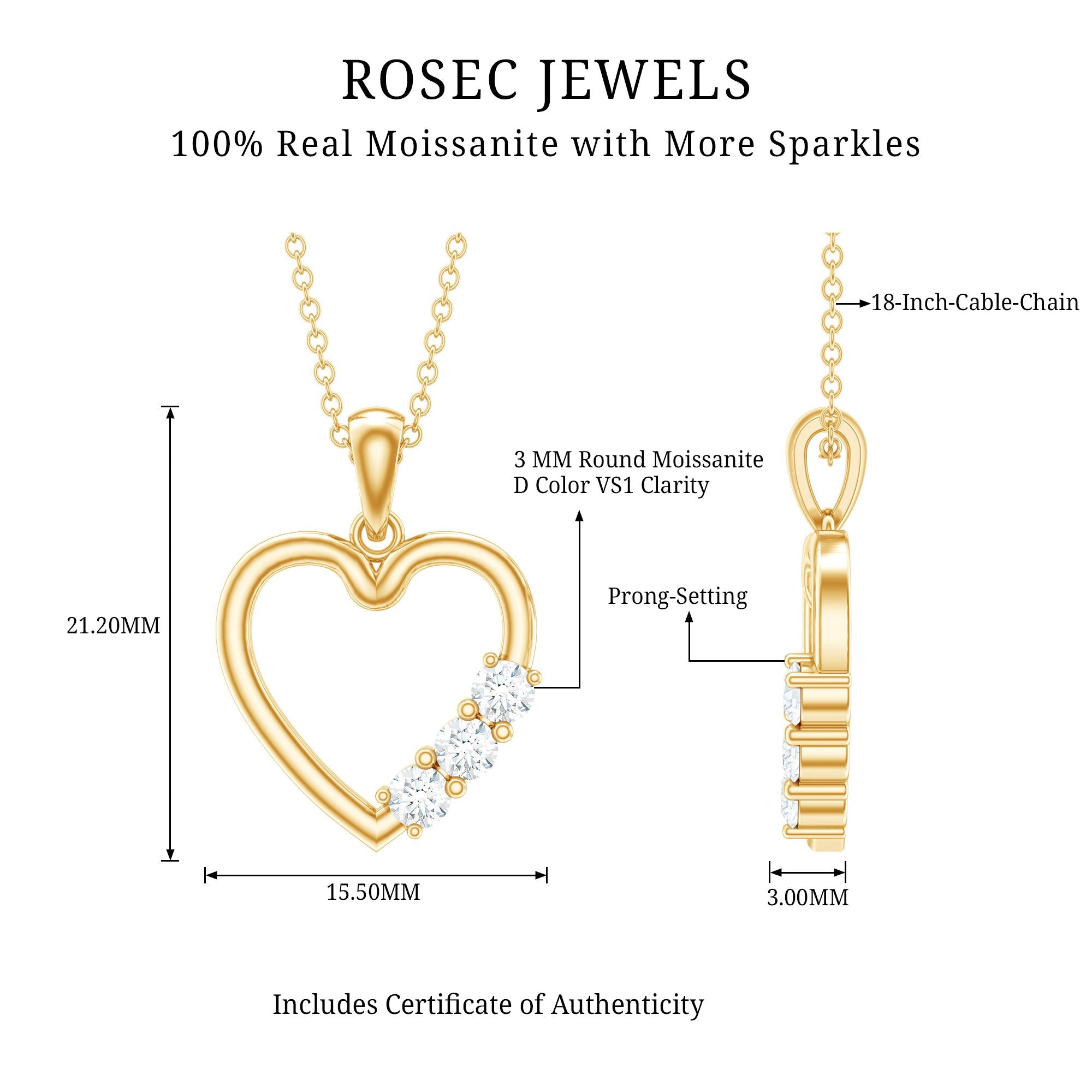 Moissanite Heart Necklace - Open Heart Pendant With Three Stone Prong Setting