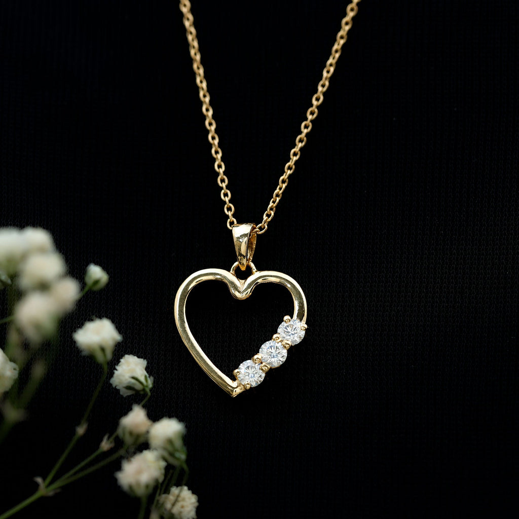 Moissanite Heart Necklace - Open Heart Pendant With Three Stone Prong Setting