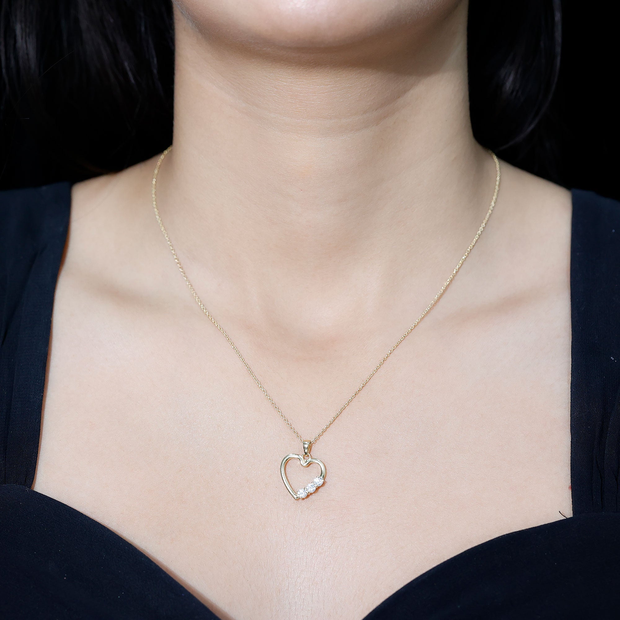Moissanite Heart Necklace - Open Heart Pendant With Three Stone Prong Setting