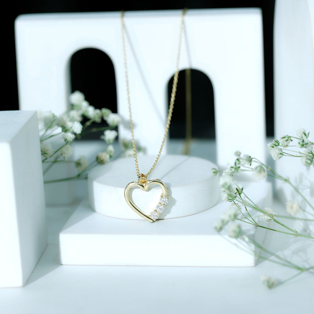 Moissanite Heart Necklace - Open Heart Pendant With Three Stone Prong Setting