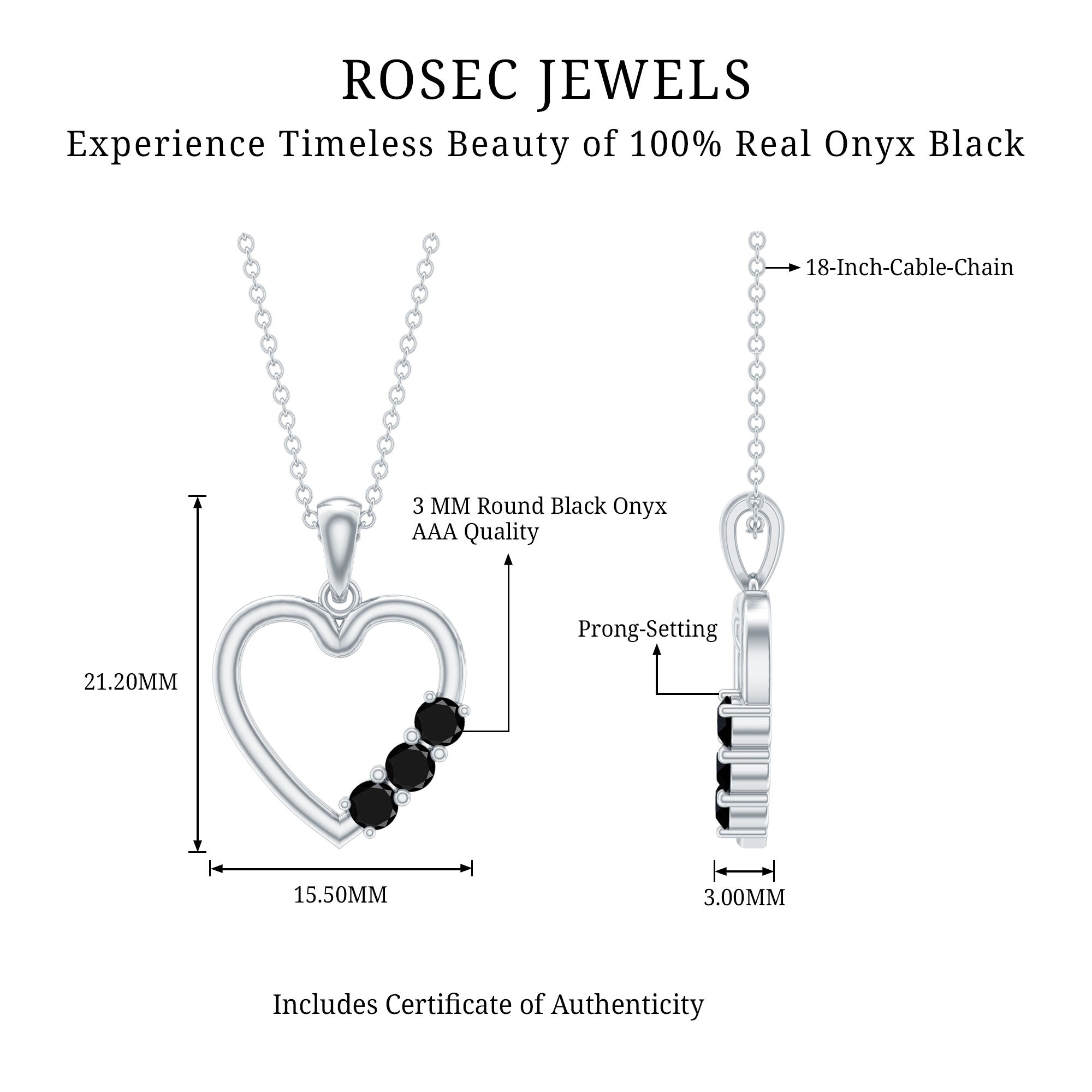 Real Black Onyx Open Heart Pendant Necklace