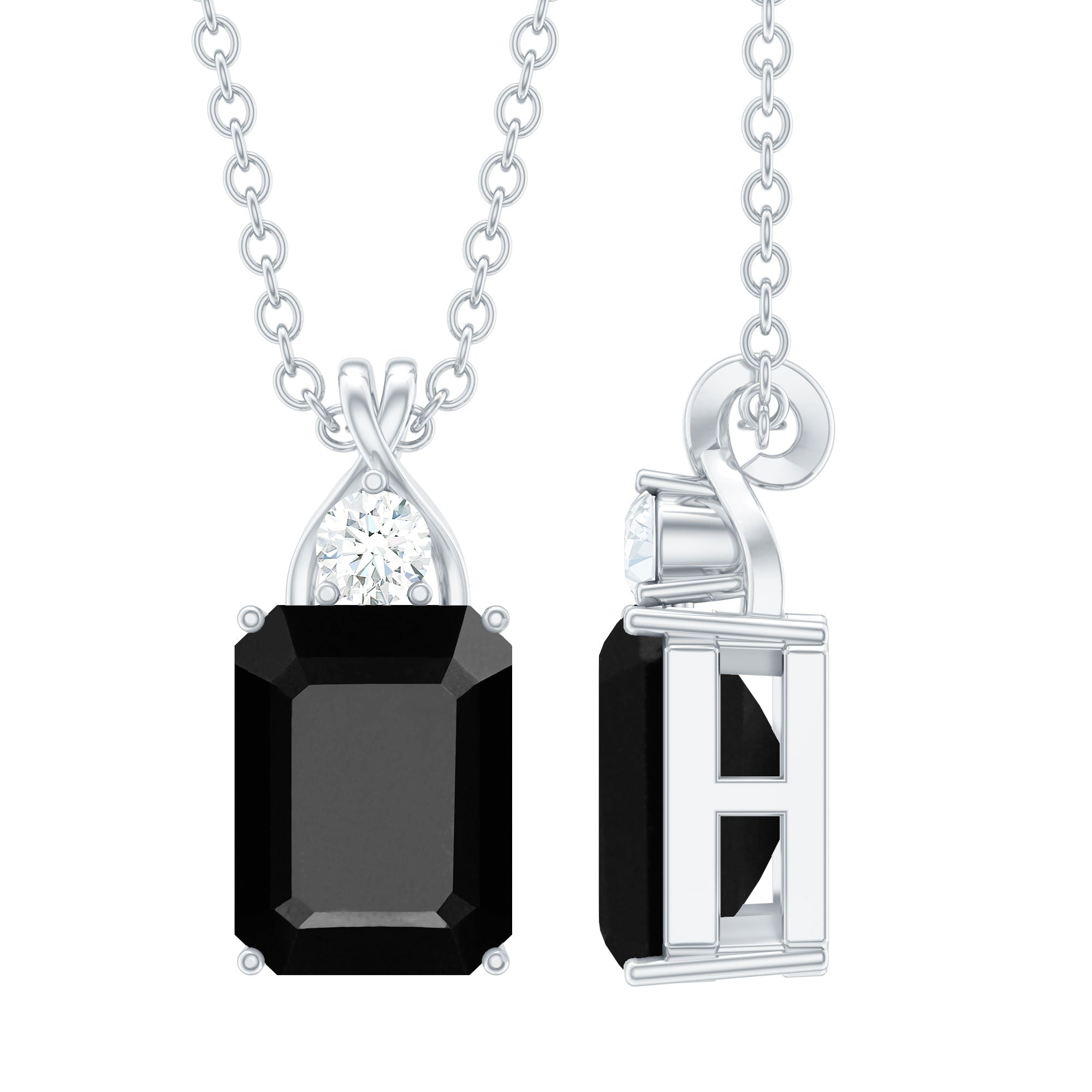 Natural 1.8 Carat Black Onyx Emerald Cut Necklace With Chain