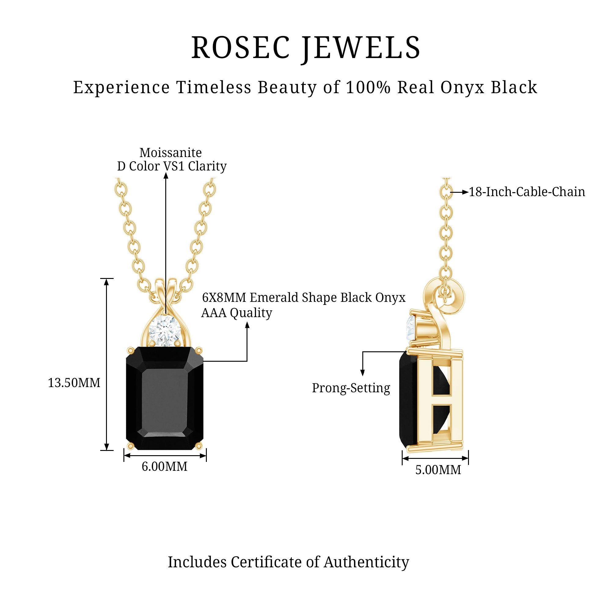 Natural 1.8 Carat Black Onyx Emerald Cut Necklace With Chain