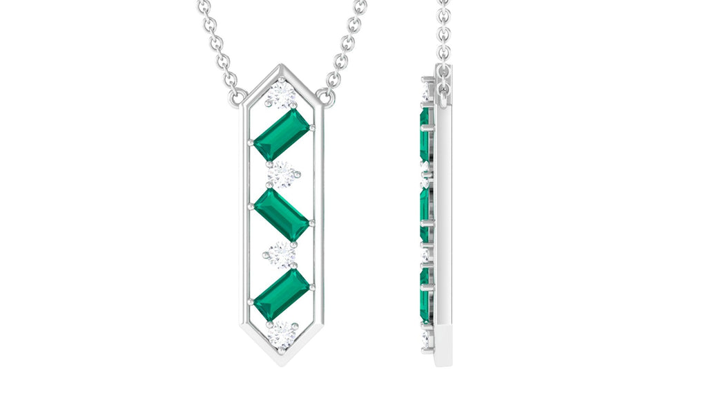 Emerald Geometric Necklace – Diamond Dangle, Baguette Cut Emerald, Solid Metal Jewelry