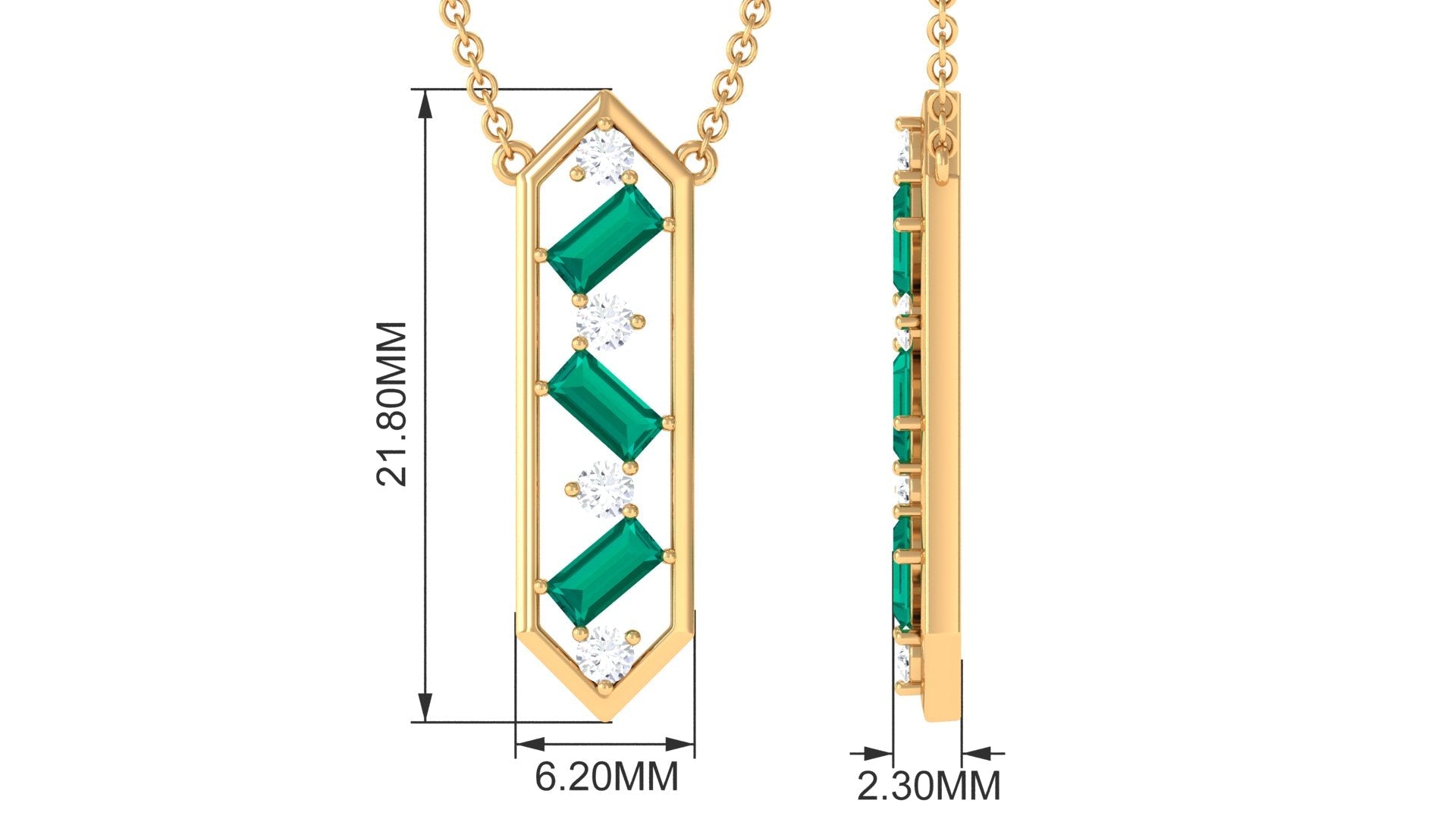 Emerald Geometric Necklace – Diamond Dangle, Baguette Cut Emerald, Solid Metal Jewelry
