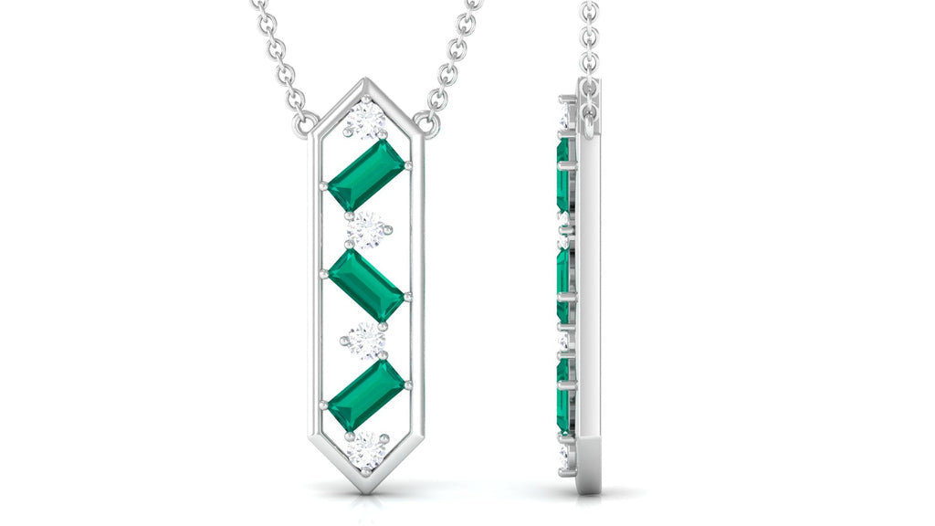 Emerald Geometric Necklace – Diamond Dangle, Baguette Cut Emerald, Solid Metal Jewelry