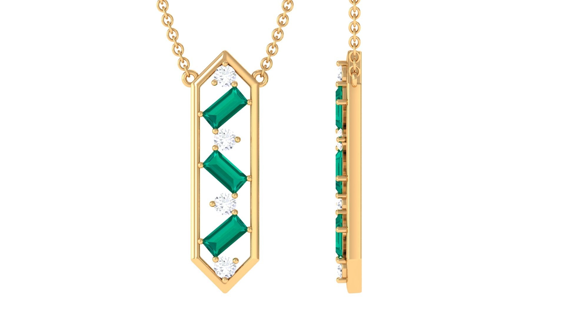 Emerald Geometric Necklace – Diamond Dangle, Baguette Cut Emerald, Solid Metal Jewelry