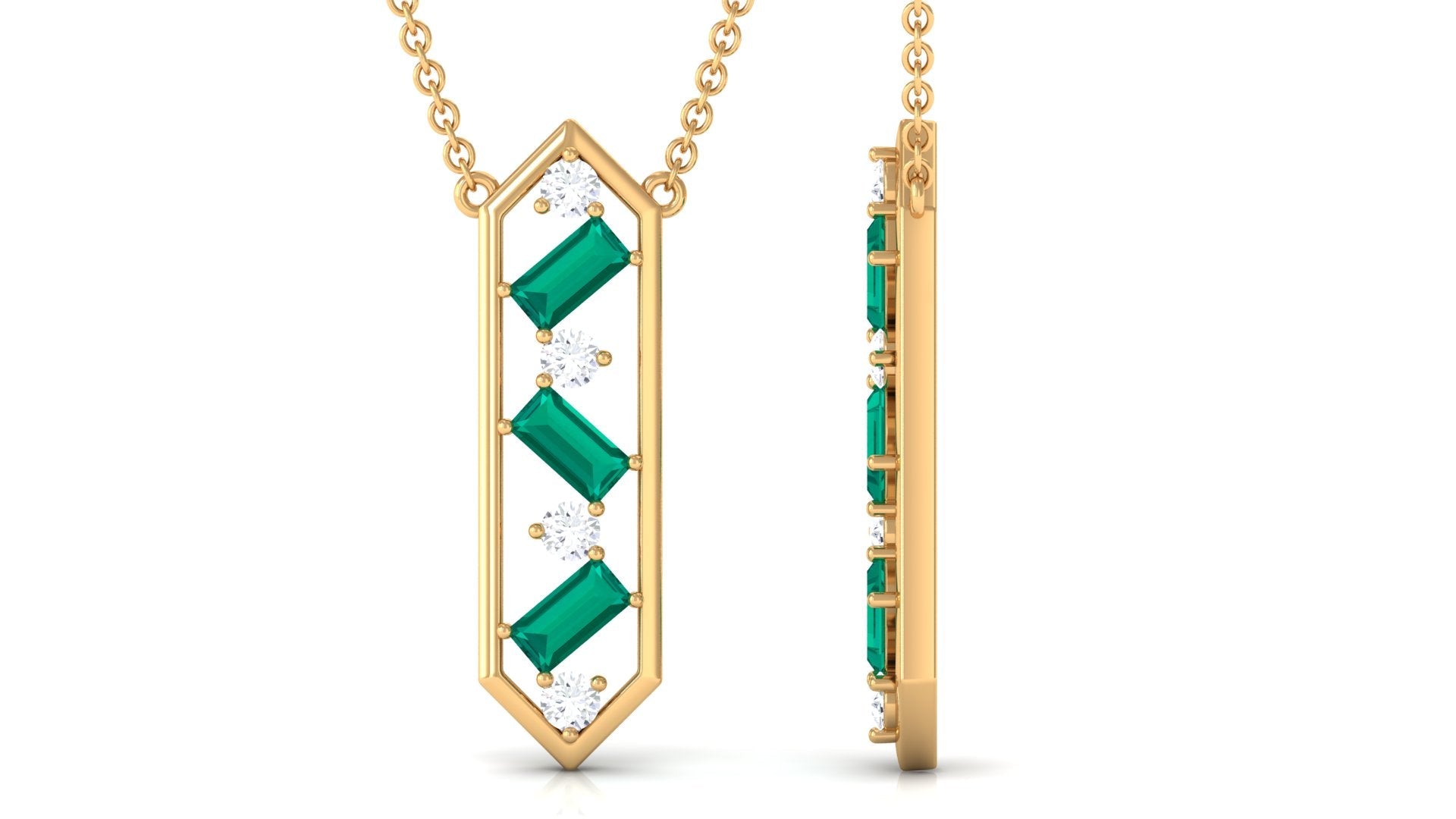 Emerald Geometric Necklace – Diamond Dangle, Baguette Cut Emerald, Solid Metal Jewelry