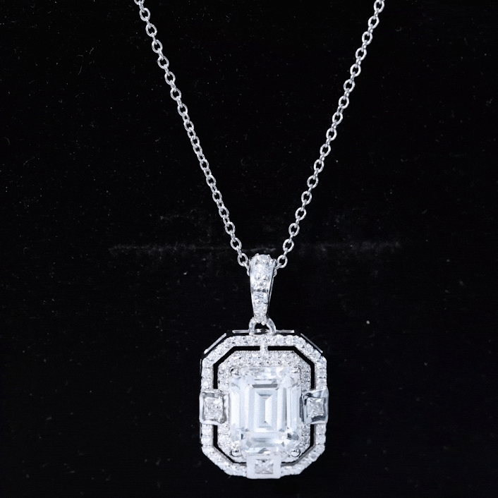 Moissanite Halo Necklace – Vintage Style Emerald Cut Pendant With Sparkling Gems
