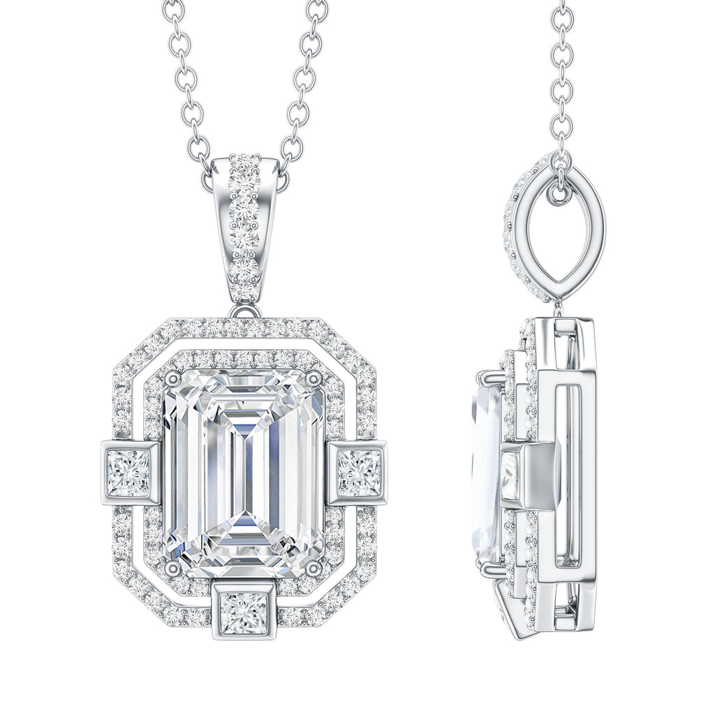 Moissanite Halo Necklace – Vintage Style Emerald Cut Pendant With Sparkling Gems