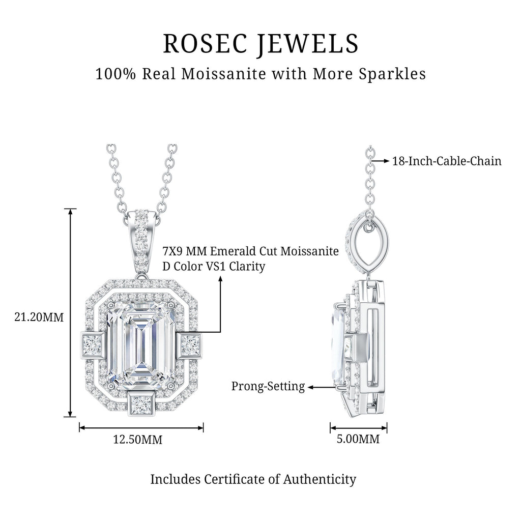 Moissanite Halo Necklace – Vintage Style Emerald Cut Pendant With Sparkling Gems