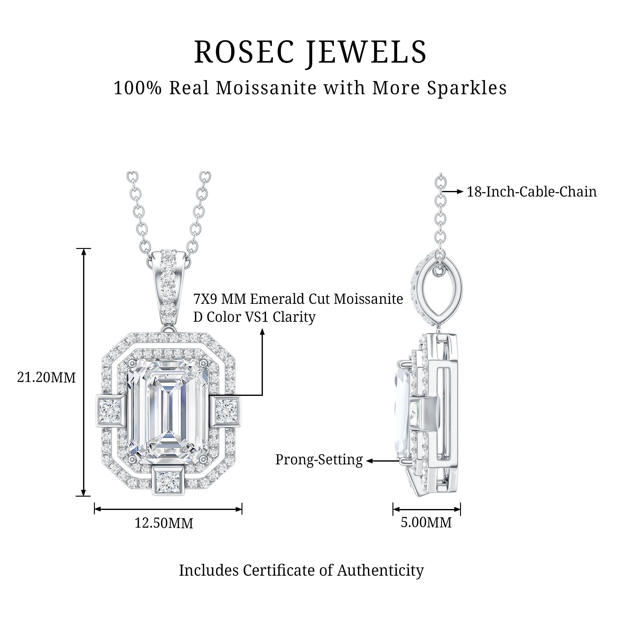 Moissanite Halo Necklace – Vintage Style Emerald Cut Pendant With Sparkling Gems