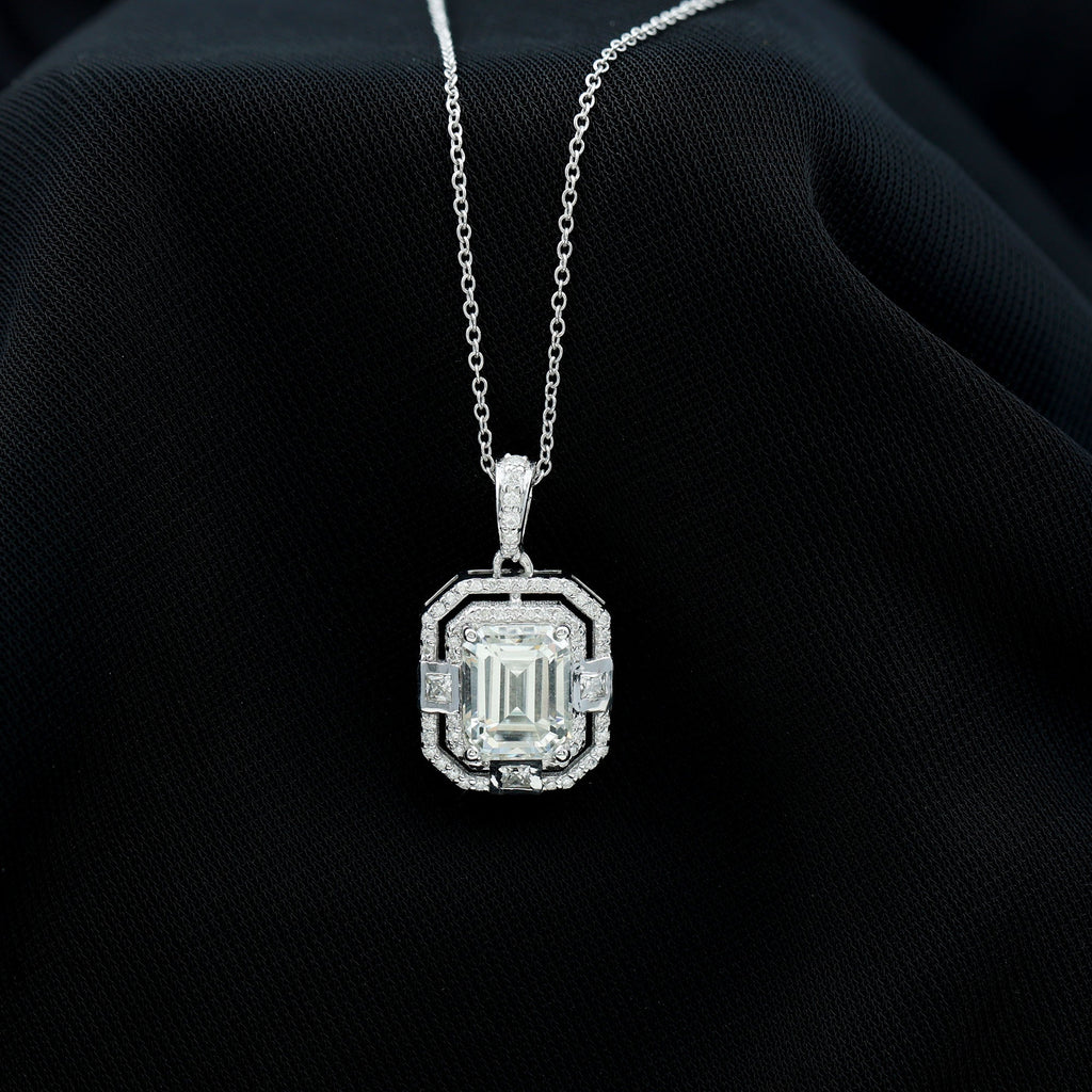 Moissanite Halo Necklace – Vintage Style Emerald Cut Pendant With Sparkling Gems