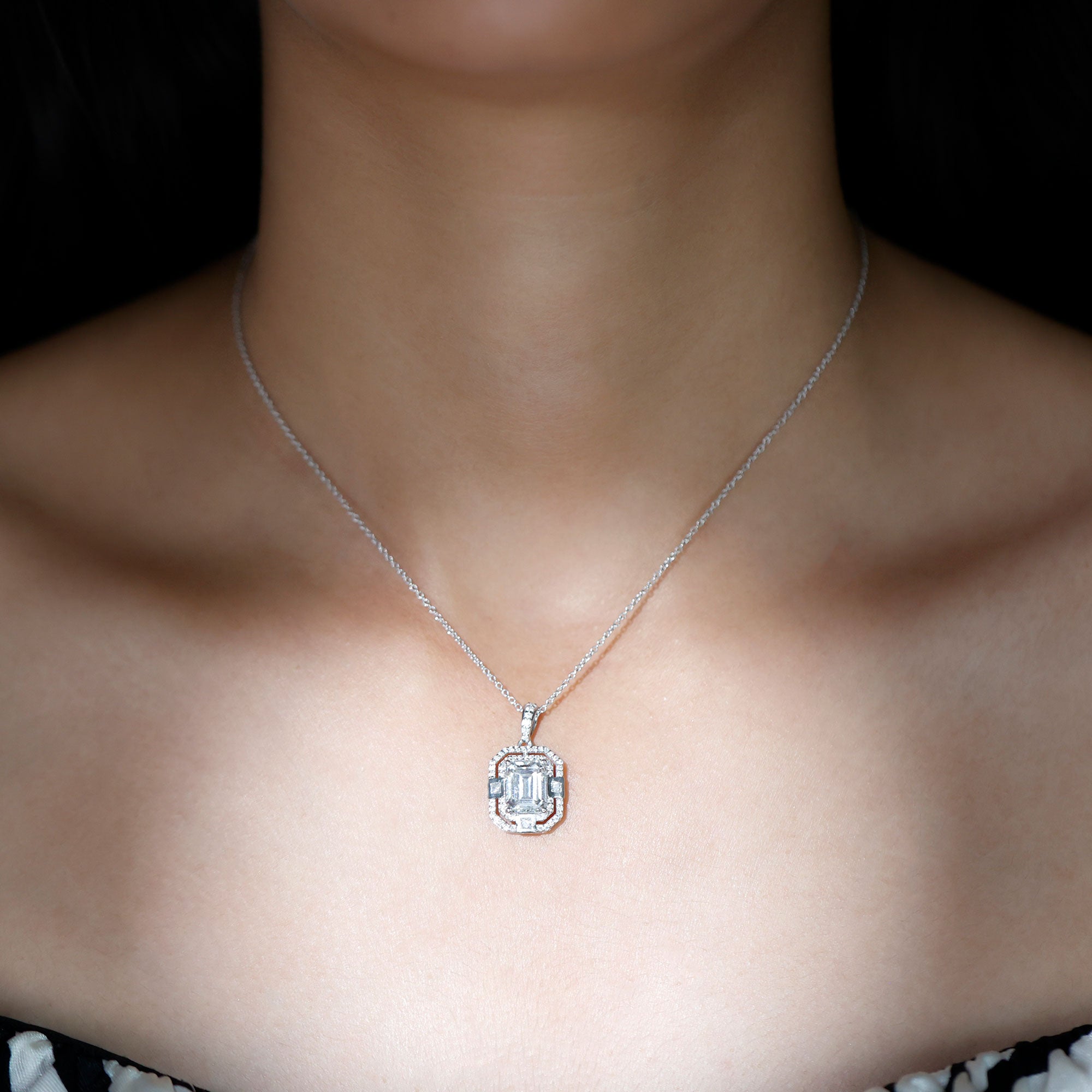 Moissanite Halo Necklace – Vintage Style Emerald Cut Pendant With Sparkling Gems