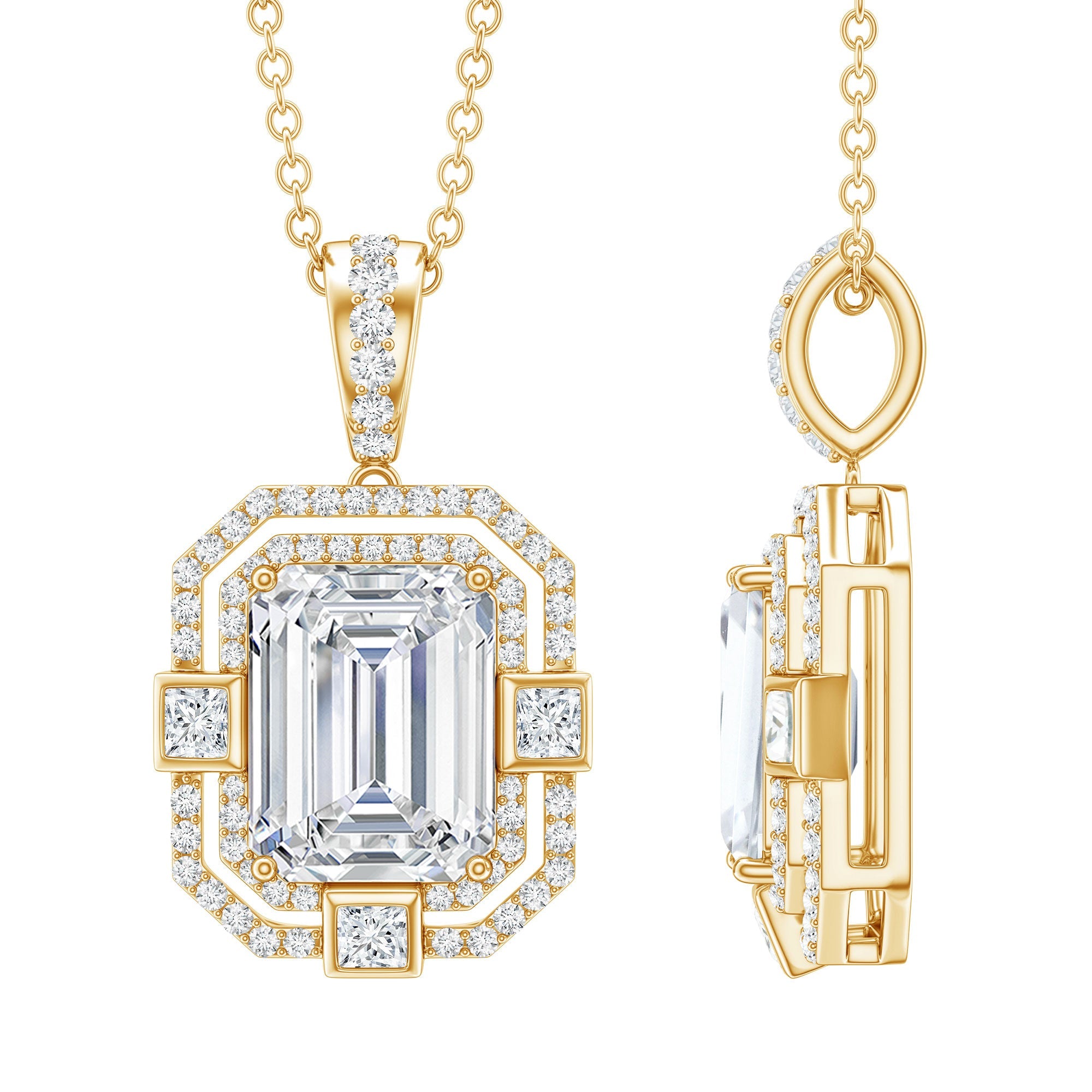 Moissanite Halo Necklace – Vintage Style Emerald Cut Pendant With Sparkling Gems