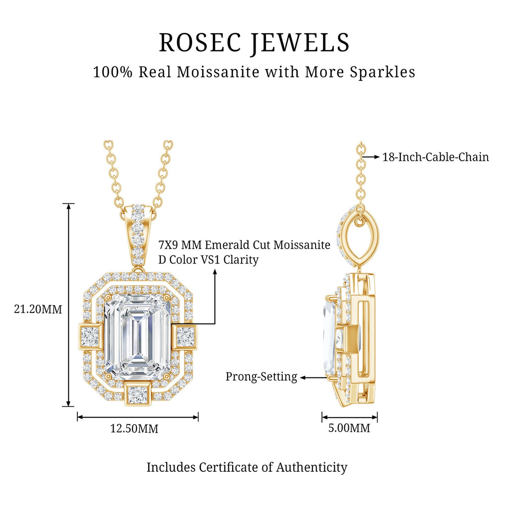 Moissanite Halo Necklace – Vintage Style Emerald Cut Pendant With Sparkling Gems