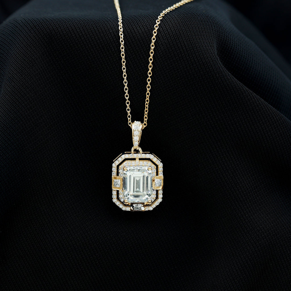 Moissanite Halo Necklace – Vintage Style Emerald Cut Pendant With Sparkling Gems