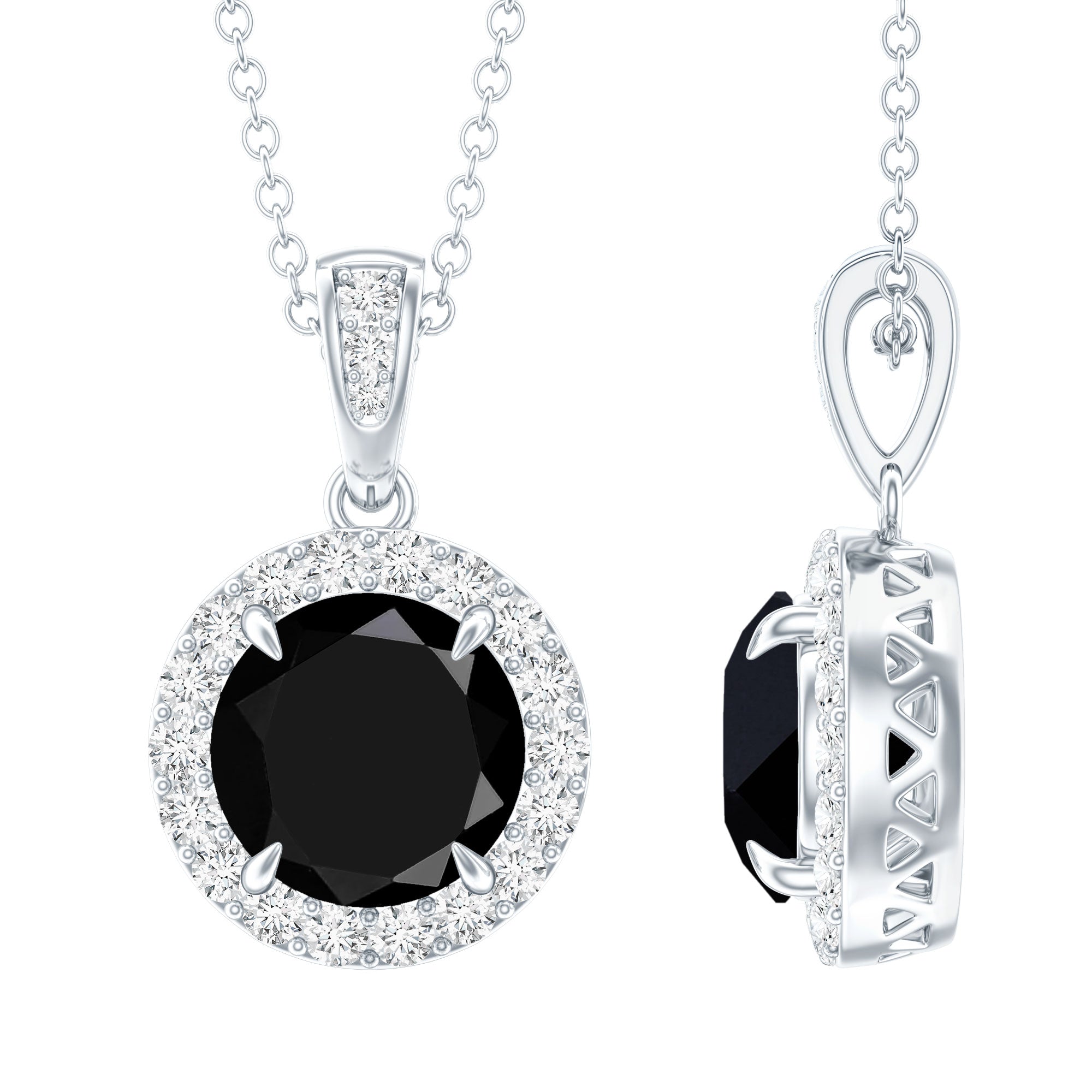 Real 2 Carat Black Onyx Pendant Necklace with Diamond Halo