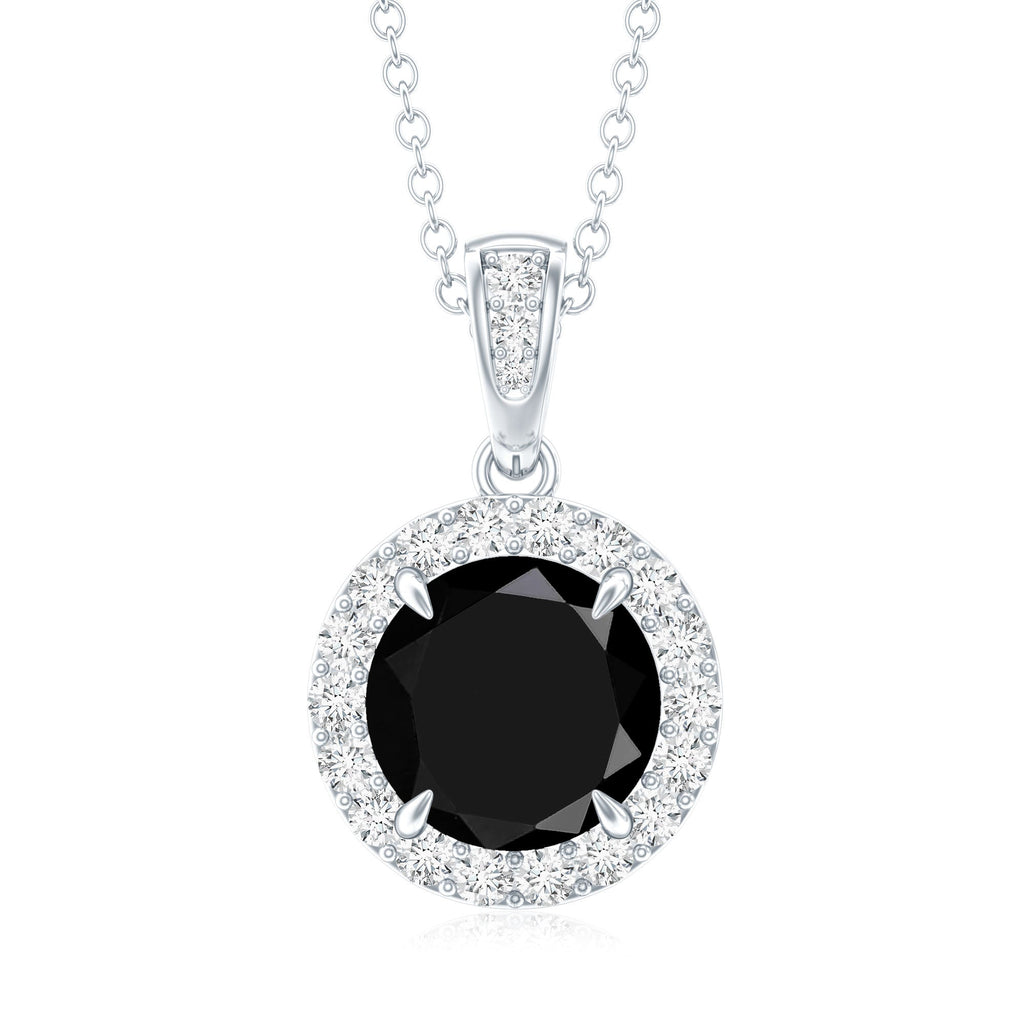 Real 2 Carat Black Onyx Pendant Necklace with Diamond Halo