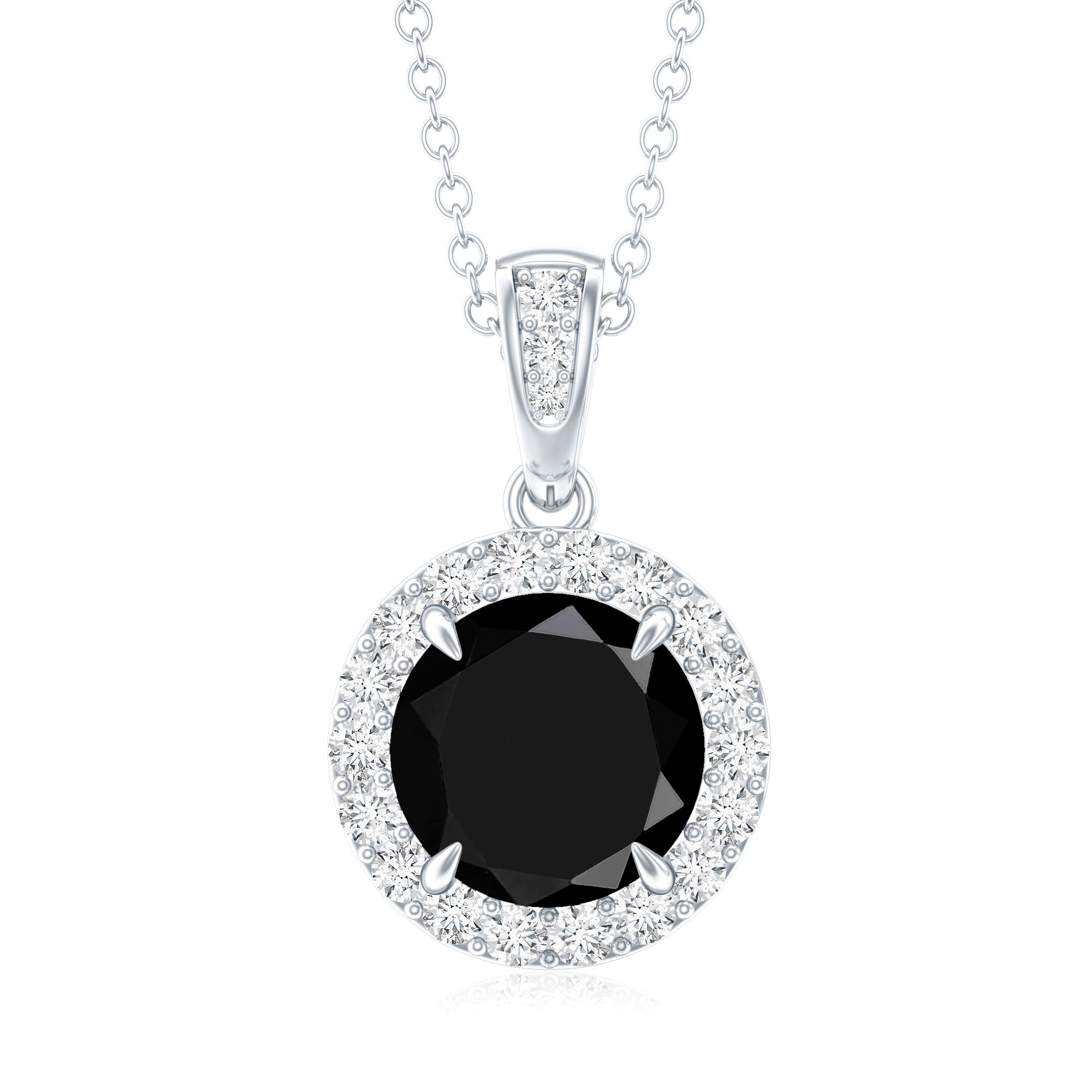 Real 2 Carat Black Onyx Pendant Necklace with Diamond Halo