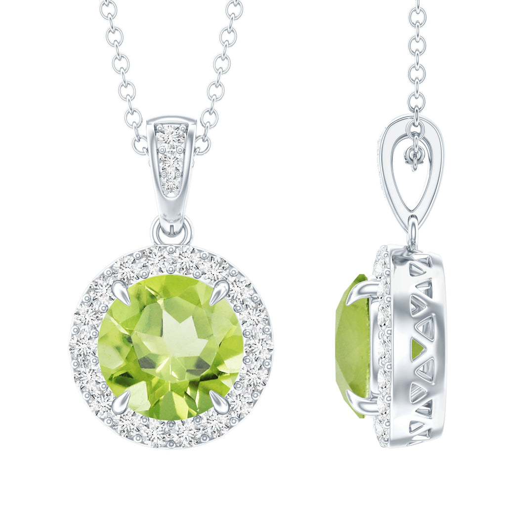 Peridot Diamond Pendant – 2 Carat Round Peridot With Diamond Halo Necklace