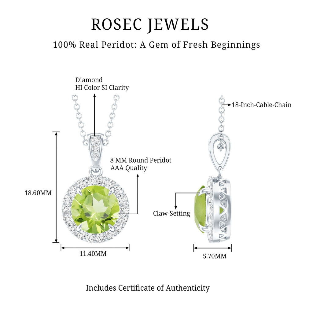 Peridot Diamond Pendant – 2 Carat Round Peridot With Diamond Halo Necklace
