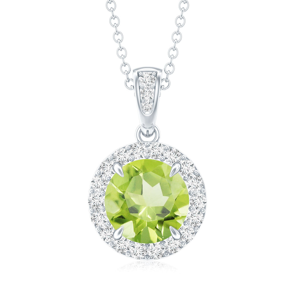 Peridot Diamond Pendant – 2 Carat Round Peridot With Diamond Halo Necklace