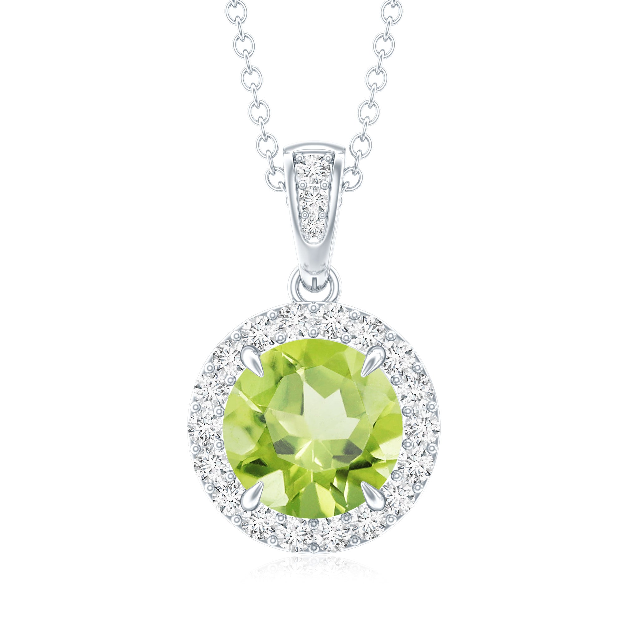 Peridot Diamond Pendant – 2 Carat Round Peridot With Diamond Halo Necklace