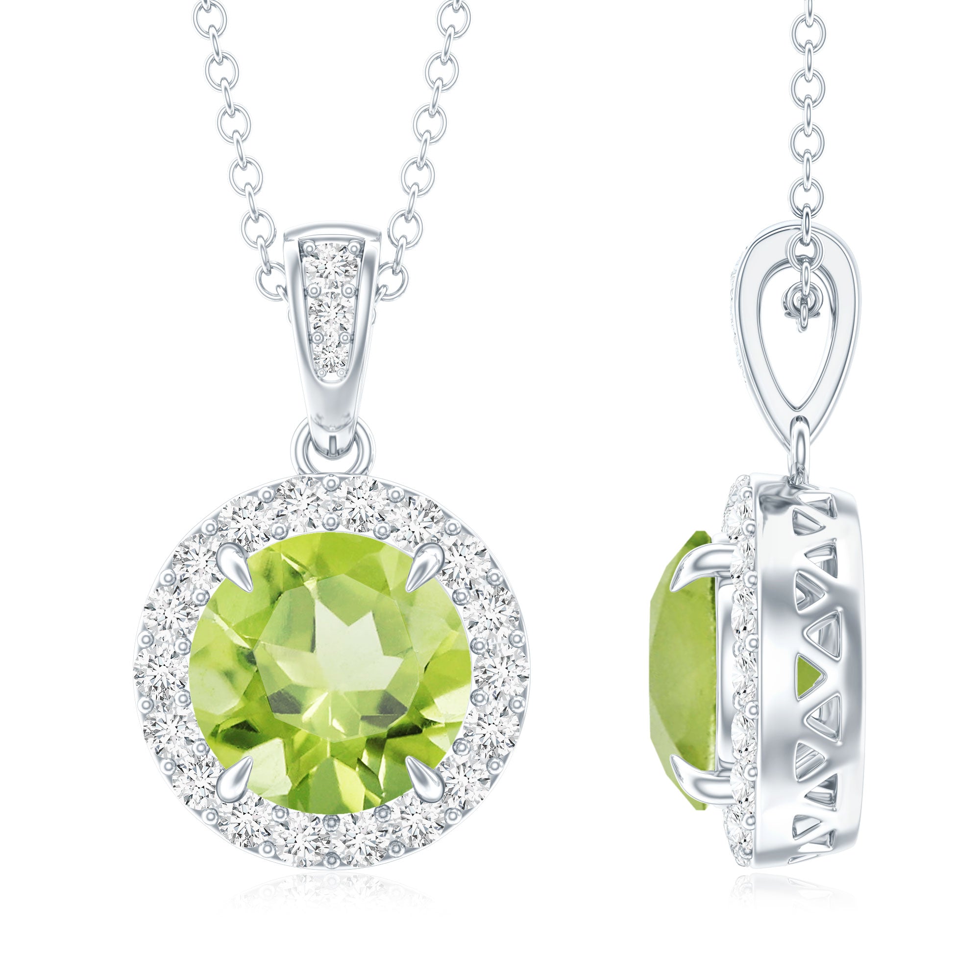 Peridot Diamond Pendant – 2 Carat Round Peridot With Diamond Halo Necklace