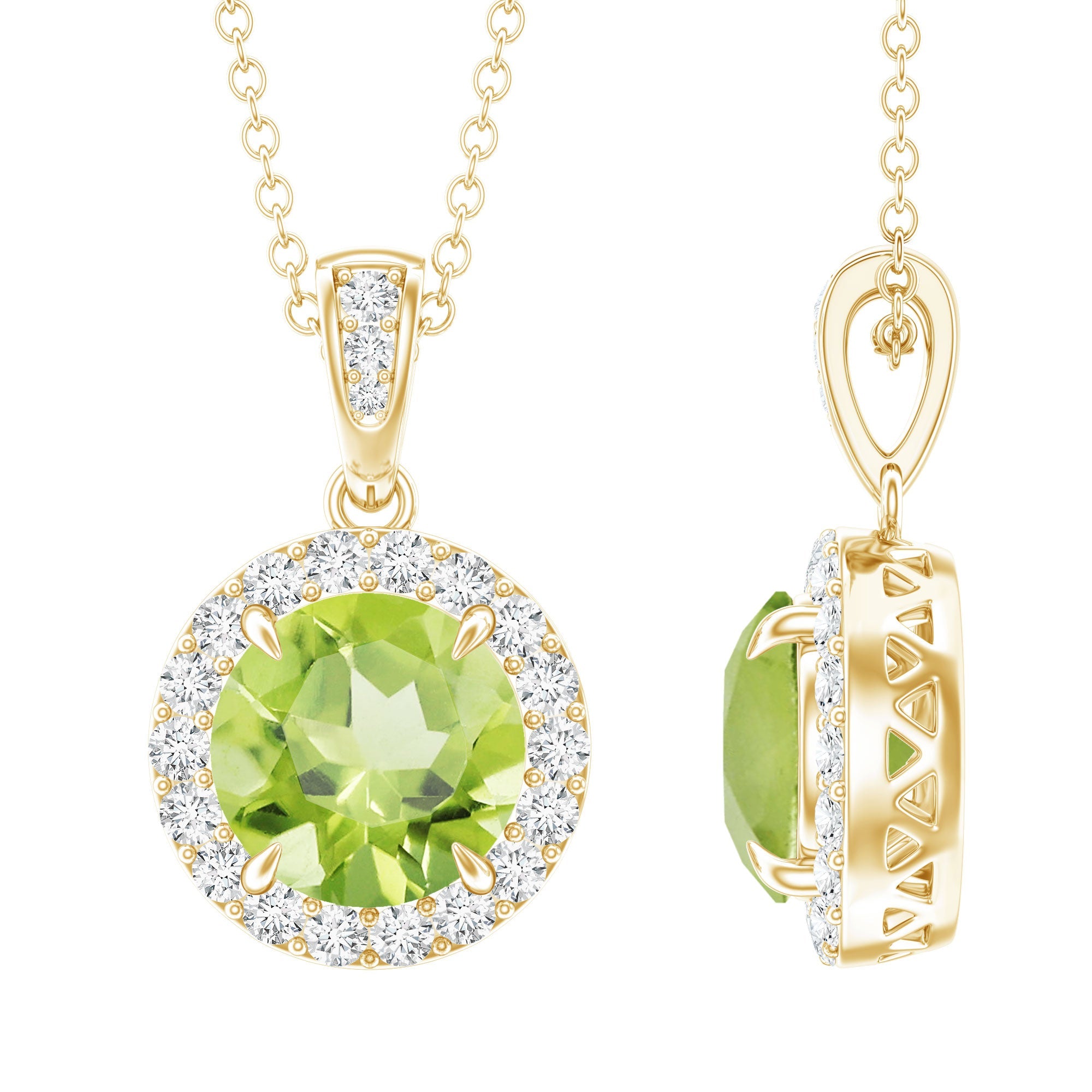 Peridot Diamond Pendant – 2 Carat Round Peridot With Diamond Halo Necklace